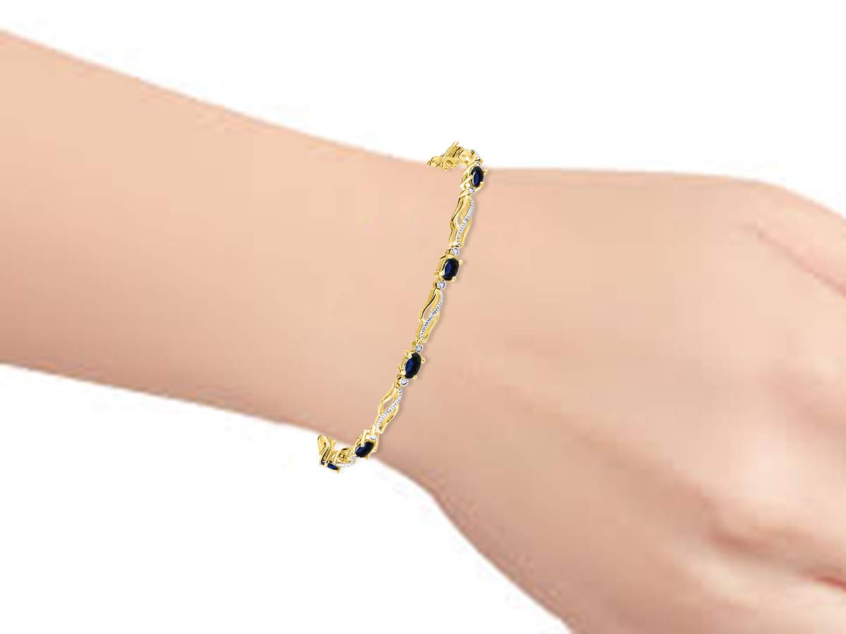 Yellow Gold Plated Silver Serenity Wave Tennis Bracelet for Women - 9 Gorgeous 5x3mm Gemstone & Diamond Jewelry, Adjustable 7-8 Inch Wrist - Perfect for Friendship Gifts, Anniversary, Birthday & Everyday Elegance