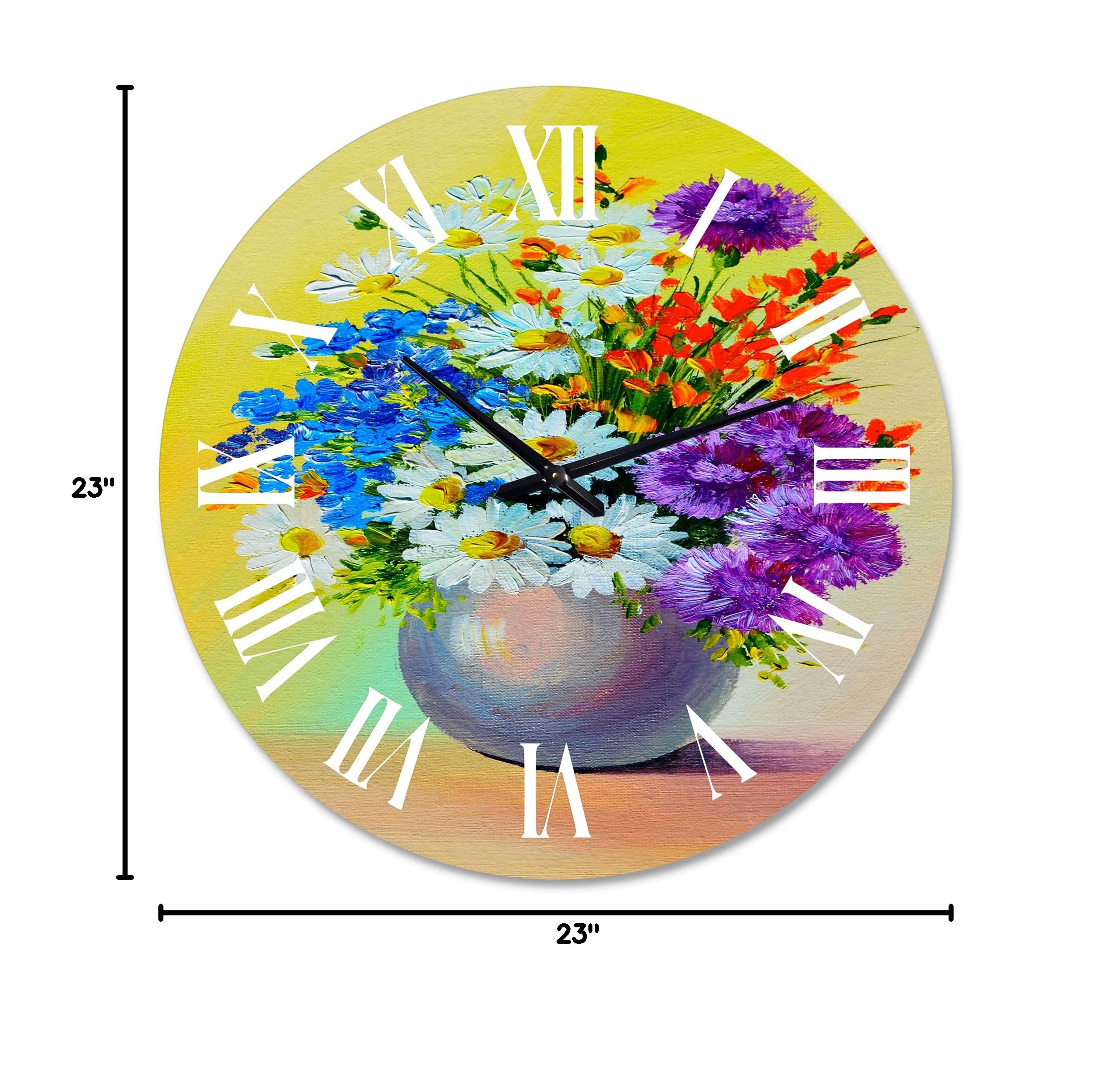 Large Floral Wall Clock - Still Life Bouquet of Blue, Red & White Flowers - Elegant Office Decor for Home & Workspace | Perfect for Living Room, Bedroom & Office Spaces