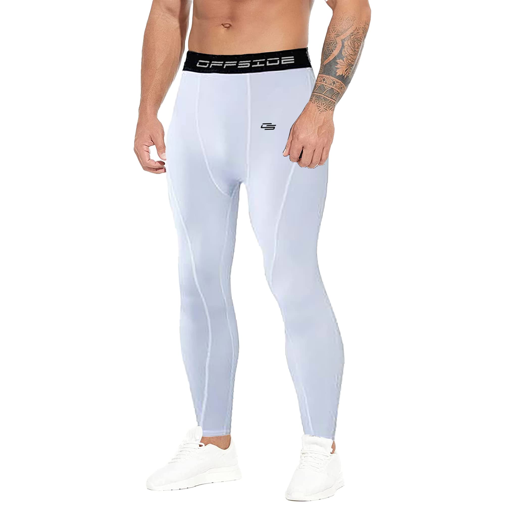OFFSIDE Men's White Compression Pants - Large Size, Moisture-Wicking & Breathable Workout Leggings for Running, Gym & Sports Training