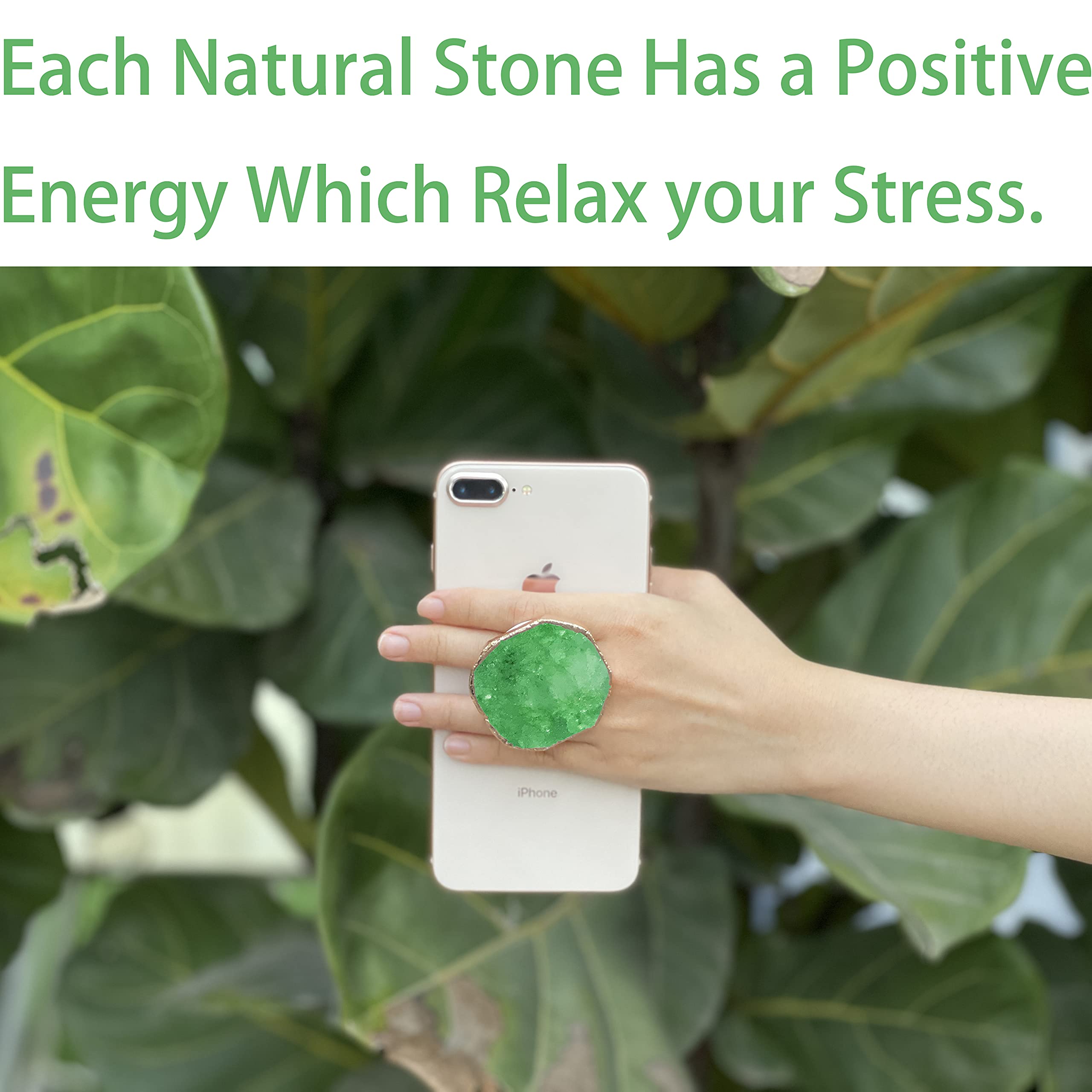 Natural Stone Crystal Phone Grip Holder with Gold Trim - Irregular Gemstone Design for Cell Phones & Tablets | Secure Grip, Stylish Accessory for Work, Travel & Selfies (Green)