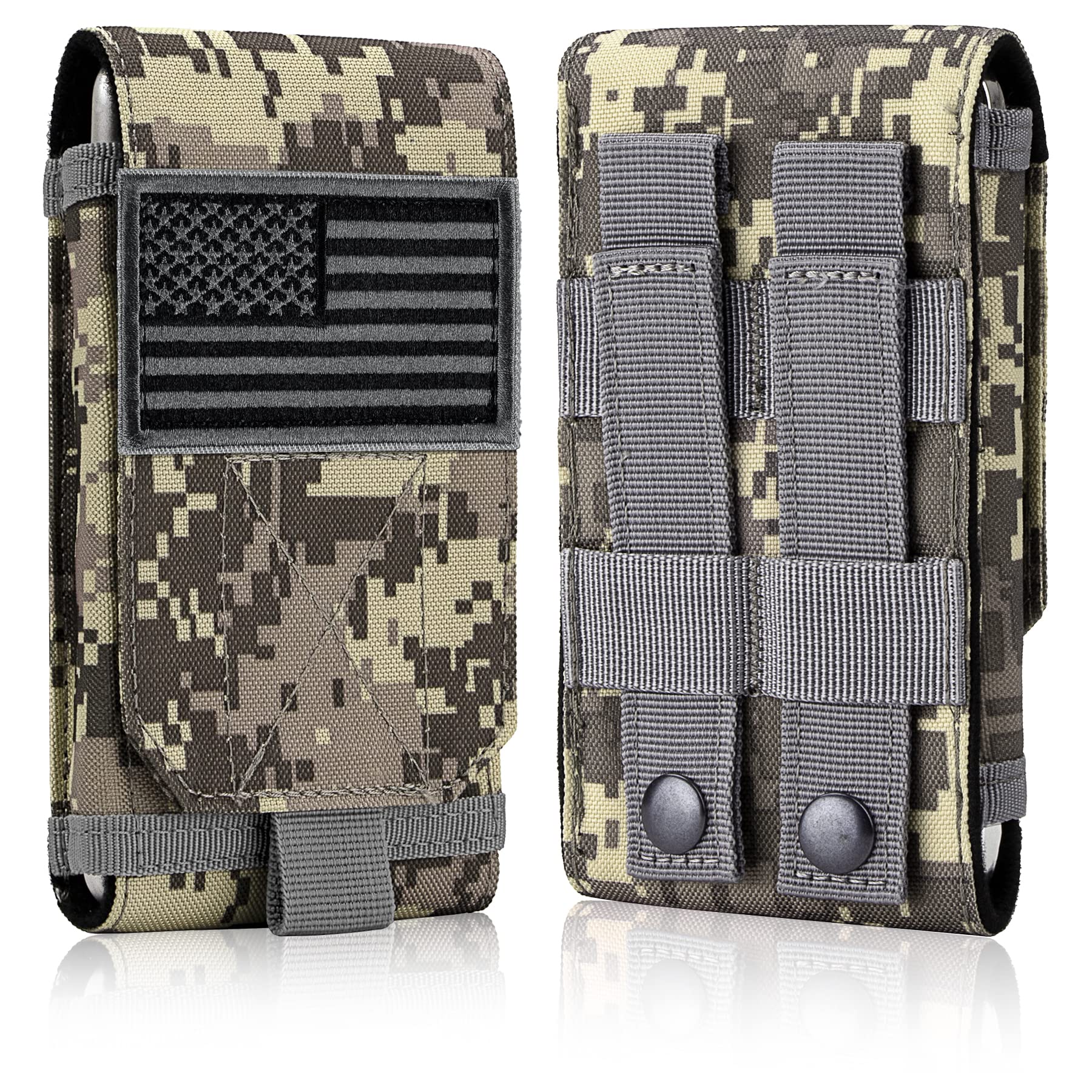 Tactical MOLLE Phone Pouch with American Flag Patch - Heavy Duty Belt Loop Holster Case for iPhone 16 Pro Max/16 Plus/16 Pro/16/15 Pro Max/14 Pro Max/13 Pro Max/12 Pro Max & Galaxy S24 Ultra - Perfect for Outdoor Adventures, Hiking, and Military Use
