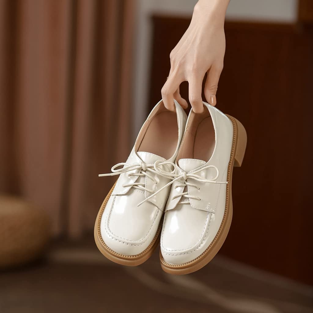Women's Classic Lace-Up Oxford Shoes - Patent Leather Round Toe Flats with Low Heel - Comfortable Slip-On Loafers for Work, Office & Formal Occasions