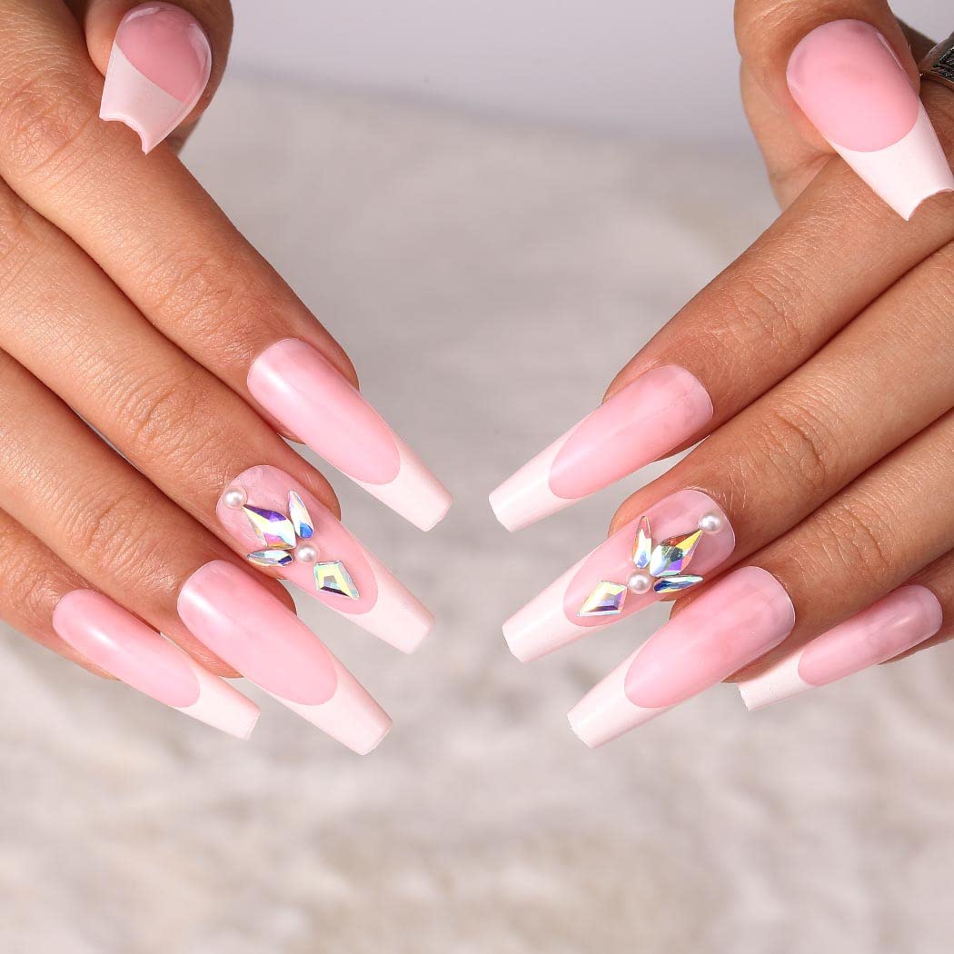 24pcs French Coffin Press-on Nails with Rhinestone Designs - Acrylic Fake Nails for Women & Girls - Ballerina False Nails for Parties, Weddings & Special Occasions