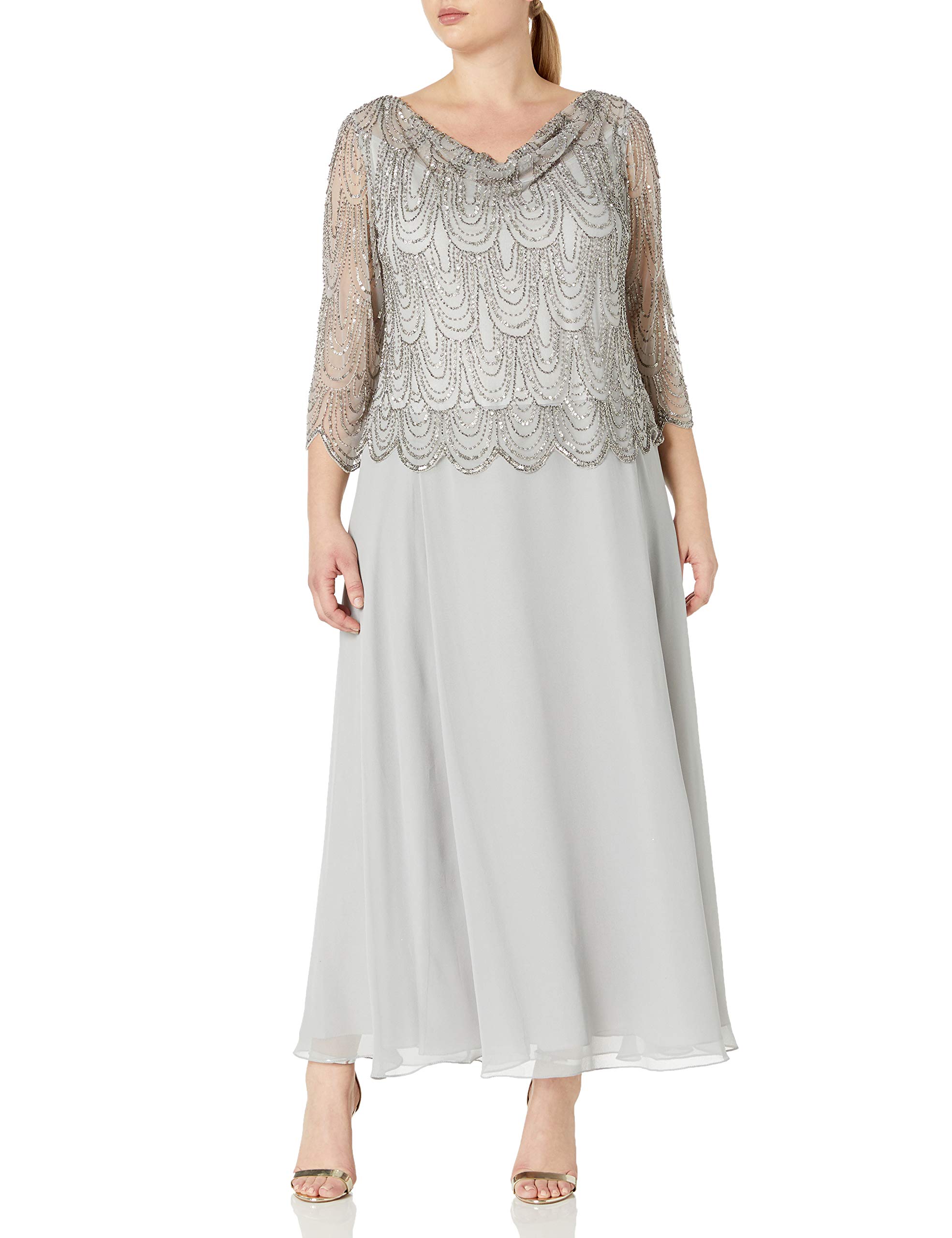 J Kara Women's Plus Size 3/4 Sleeve Scallop Beaded Pop Over Gown - Elegant Evening Dress for Parties, Weddings & Special Occasions