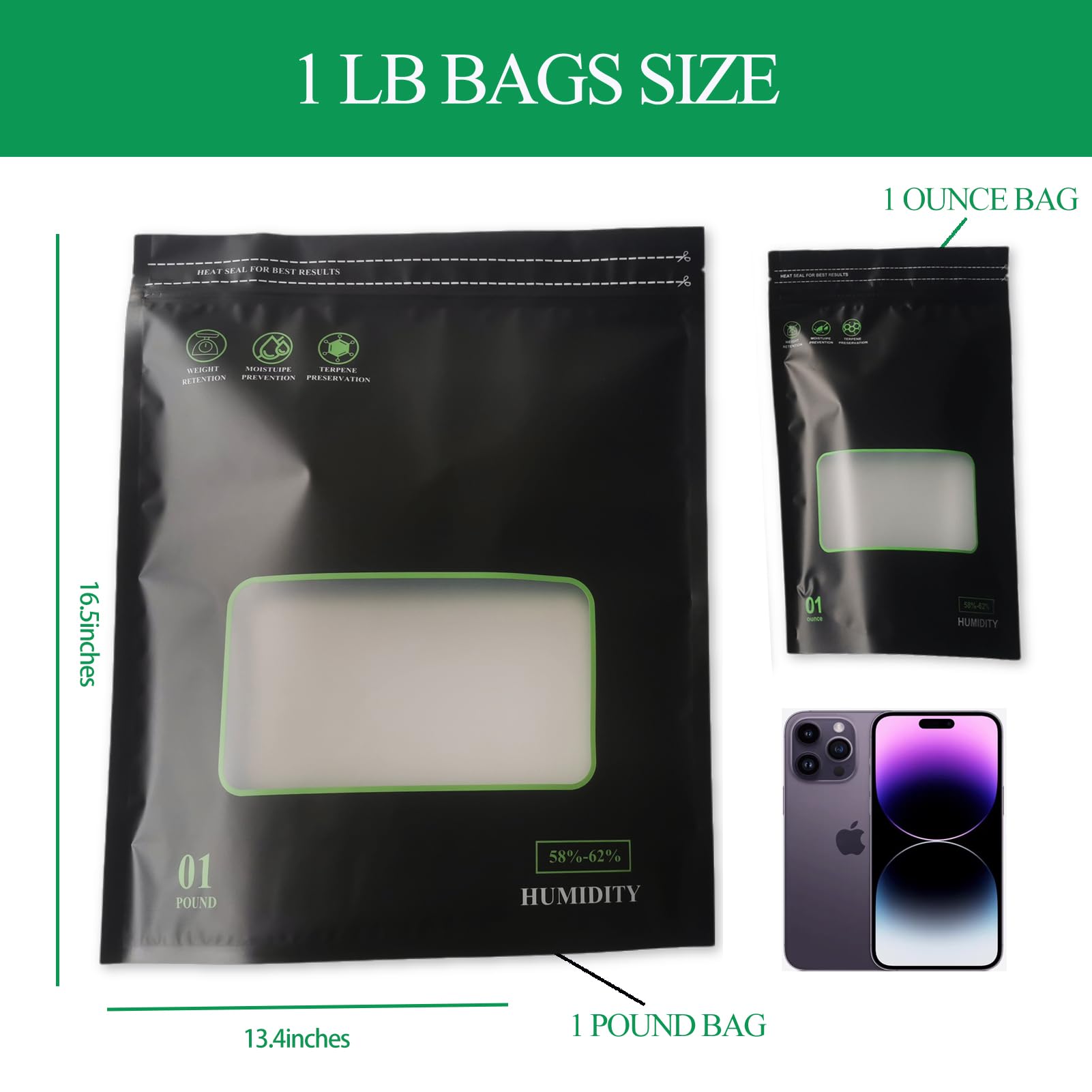 1 Pound Heat Sealable Terp Bags - 5 Pack Lock & Seal Storage & Curing Bags with Humidity Control (16oz/1lb) - Perfect for Cannabis Storage, Herb Preservation & Long-Term Curing