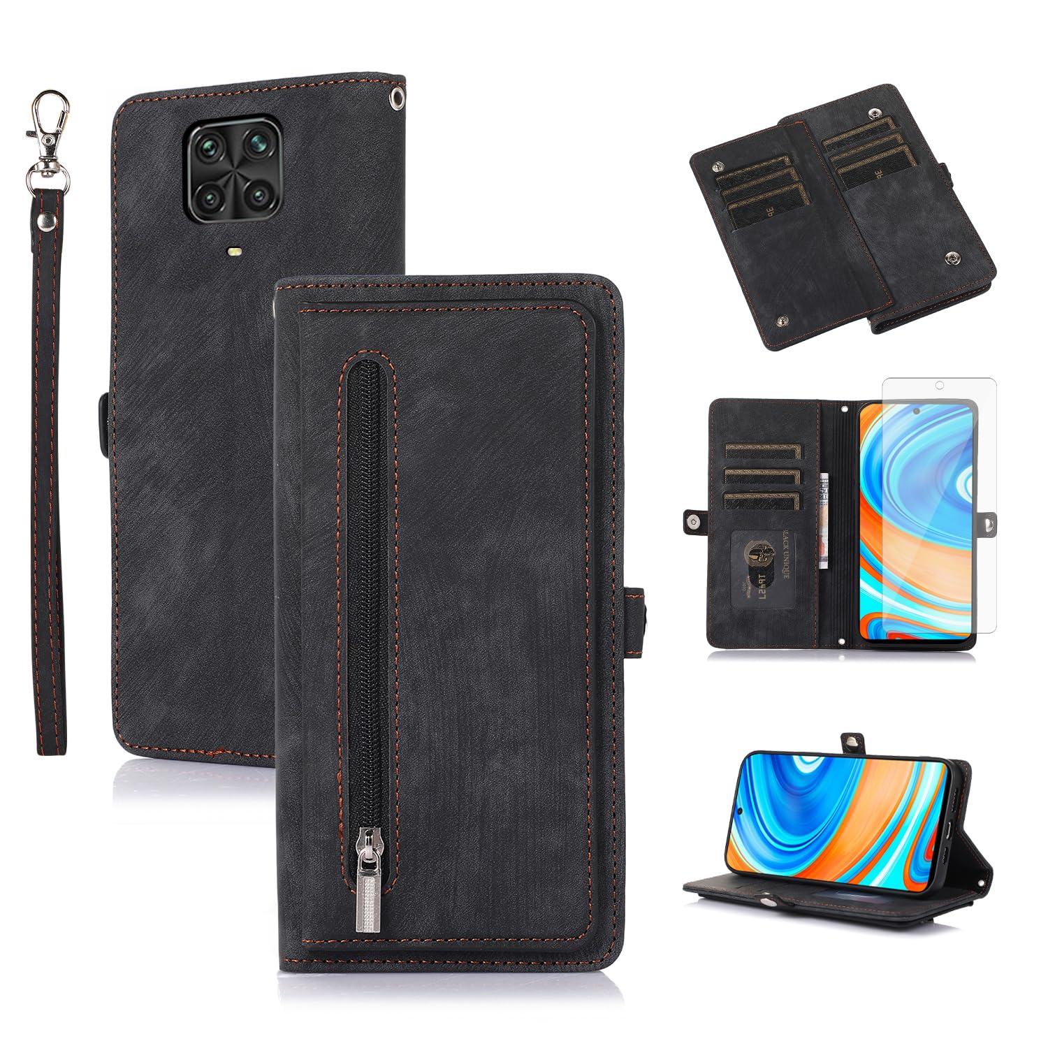 Premium Wallet Phone Case for Xiaomi Redmi Note 9 Pro/9S/9 Pro Max/Poco M2 Pro - Shockproof Flip Cover with Card Slots, Built-in Stand & Tempered Glass Screen Protector (Black) | Perfect for Business, Travel & Everyday Protection