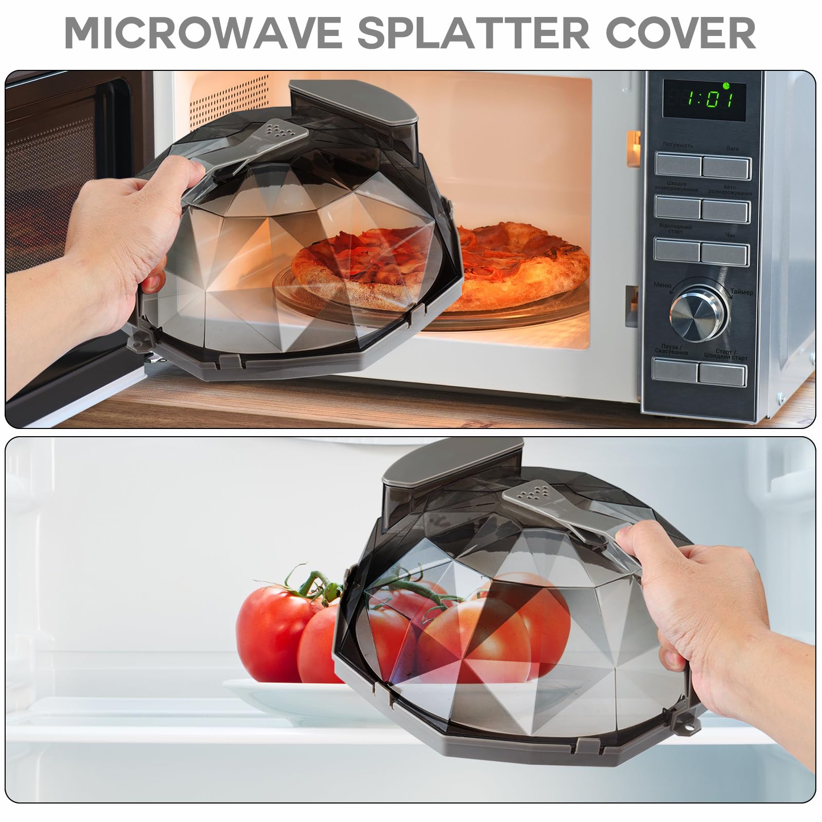 10 Inch Clear Diamond Shape Microwave Cover with Handle - BPA Free Food Splatter Guard with Water Steamer | Essential Kitchen Accessories for Reheating, Cooking & Meal Prep (Coffee Grey)