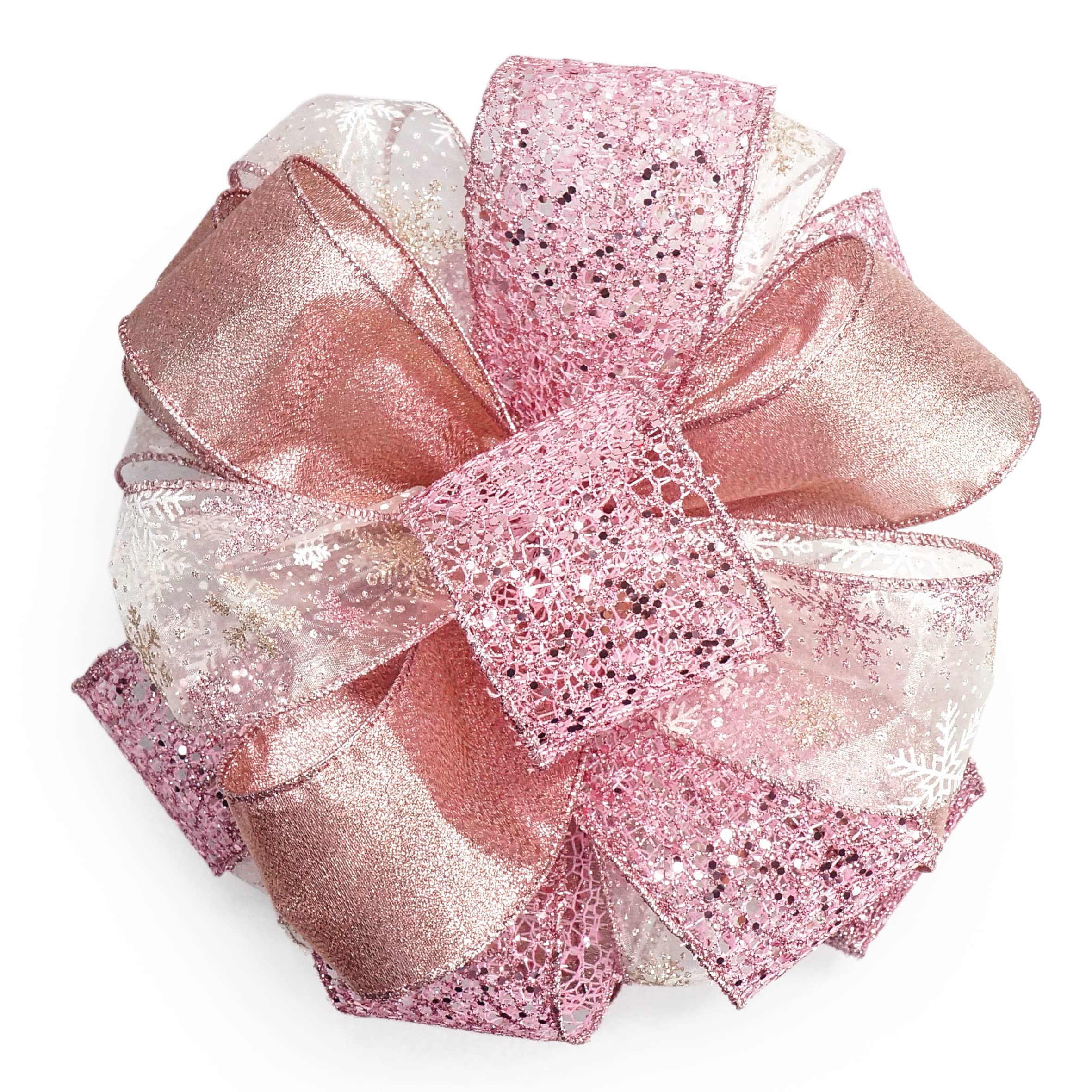 Rose Gold Snowflake Christmas Tree Topper Bow - 11 Inch with 4 Ribbon Streamers (3 Yards Each) - Elegant Holiday Decor for Xmas Tree, Home, Party & Indoor Decoration