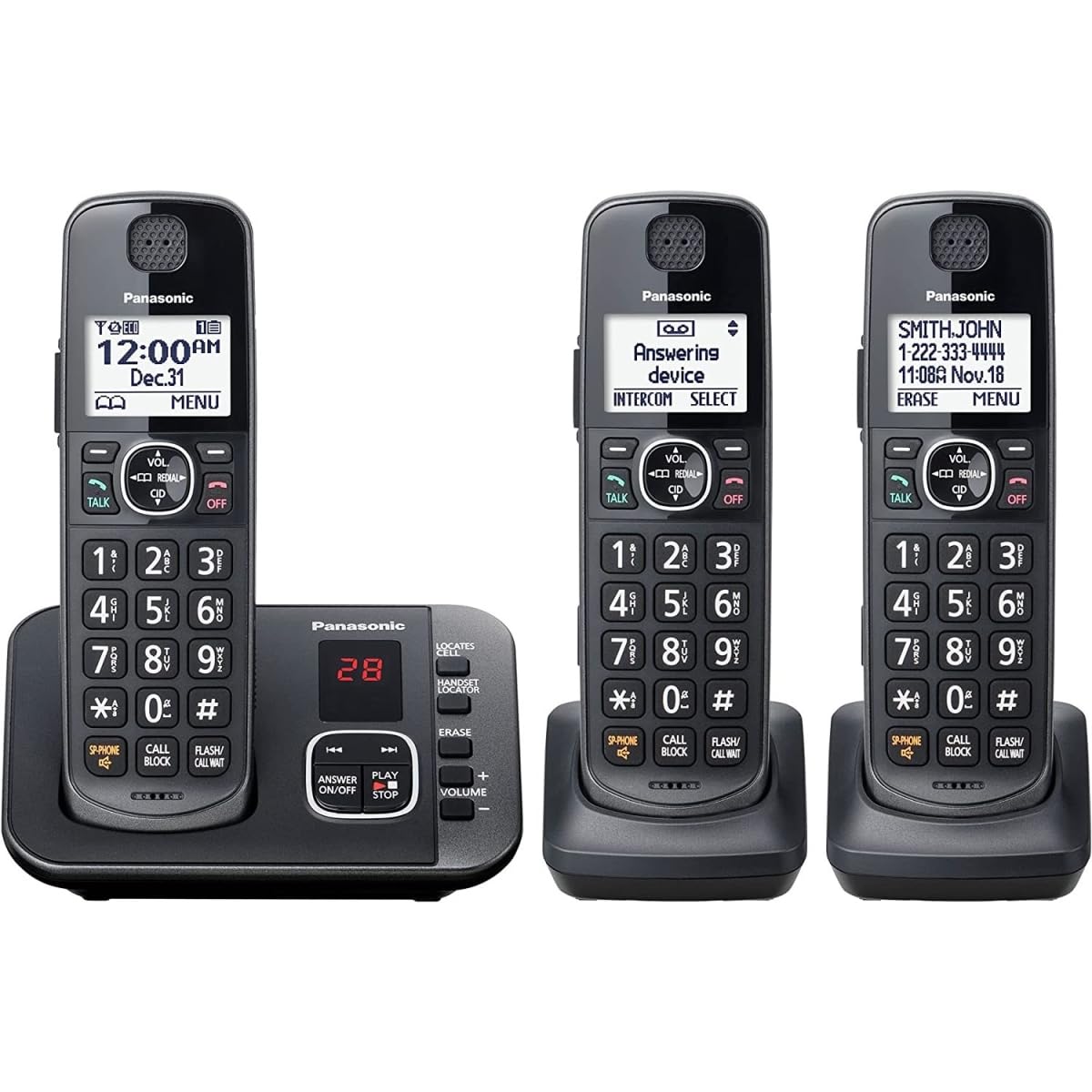Panasonic KX-TGE633M DECT 6.0 Expandable Cordless Phone System with Answering Machine, Call Blocking & 3 Handsets - Metallic Black - Ideal for Home & Office Communication