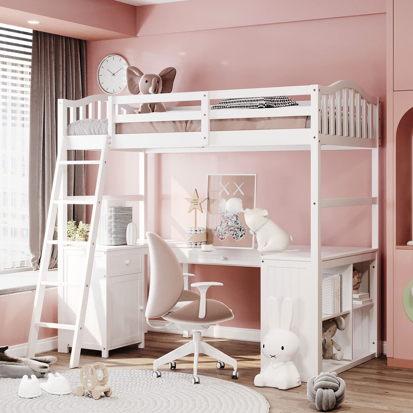 Twin Loft Bed with Desk & Storage - Wooden Study Loft Bed for Kids, Teens & Adults - White | Space-Saving Bedroom Furniture for Small Rooms & Dorm Rooms