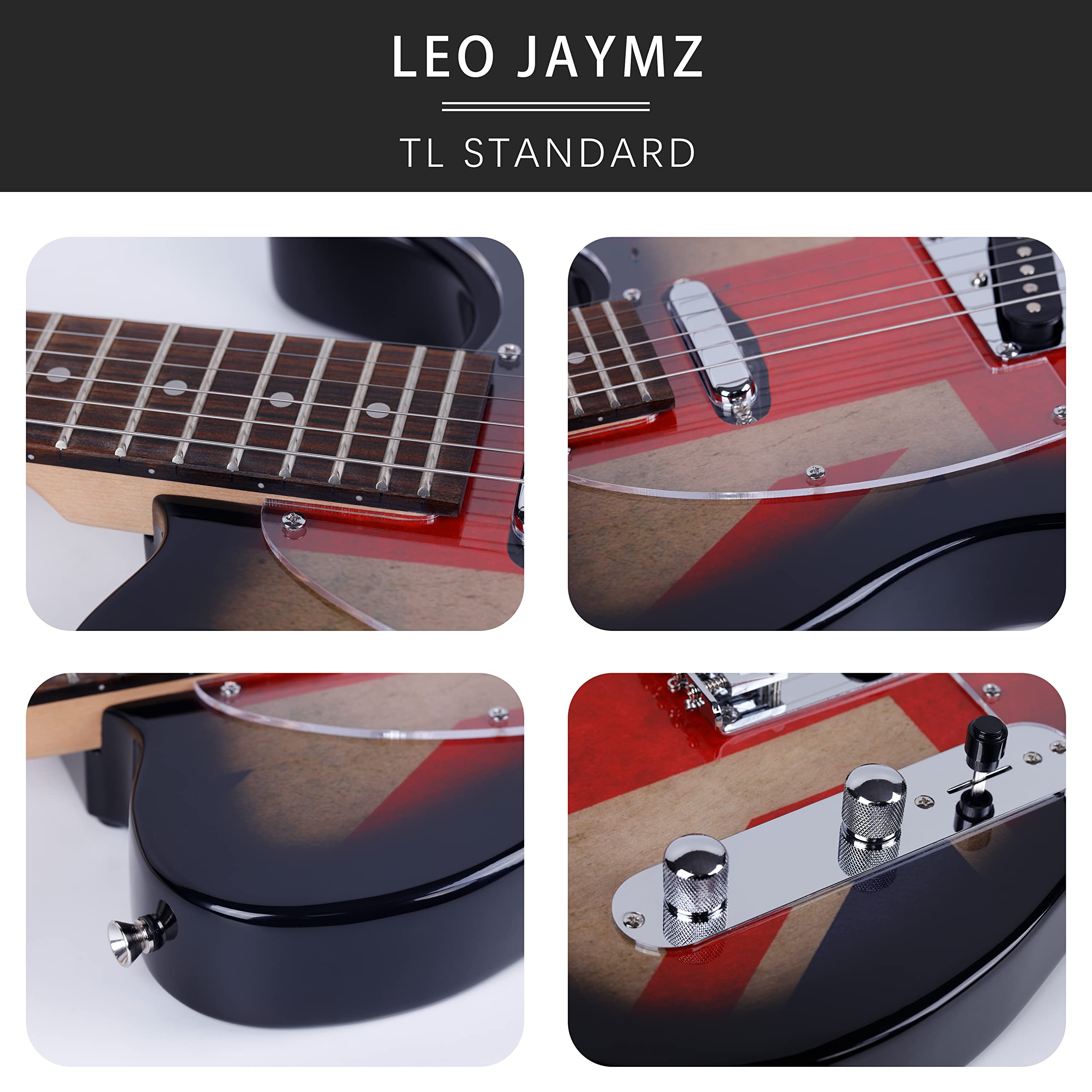 Leo Jaymz TL Style Electric Guitar with UK Flag Sticker - Premium High Gloss Mahogany Body & Hard Maple Neck - Clear Acrylic Pickguard - Perfect for Rock, Blues & Stage Performances