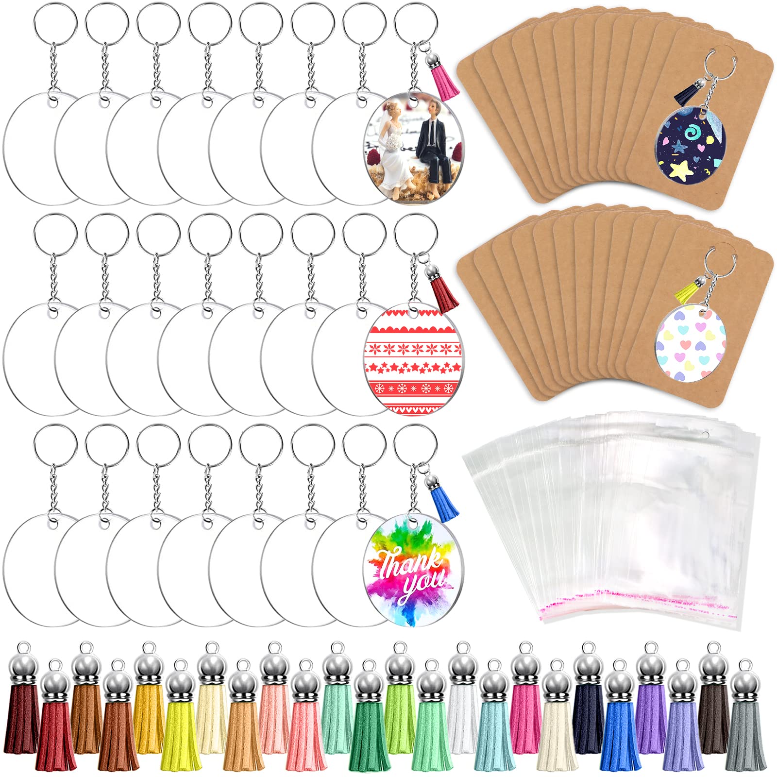ZOCONE 144 PCS 2 Inch Clear Acrylic Keychain Blanks Set - Bulk DIY Craft Supplies with Key Rings, Display Cards, Packaging Bags, Jump Rings & Tassels - Perfect for Vinyl Keychains, Earrings & Handmade Jewelry Making - Great for Gifts, Party Favors & Craft Projects