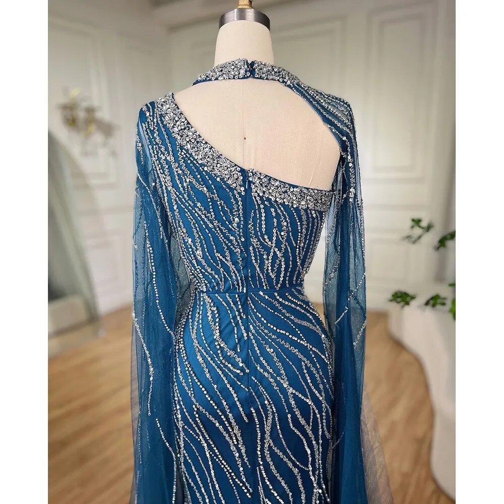 Elegant Black Mermaid Evening Gown with Cape Sleeves & Beaded Details - Luxury Women's Formal Dress for Arabic Parties, Galas & Special Occasions | Serene Hill LA72112