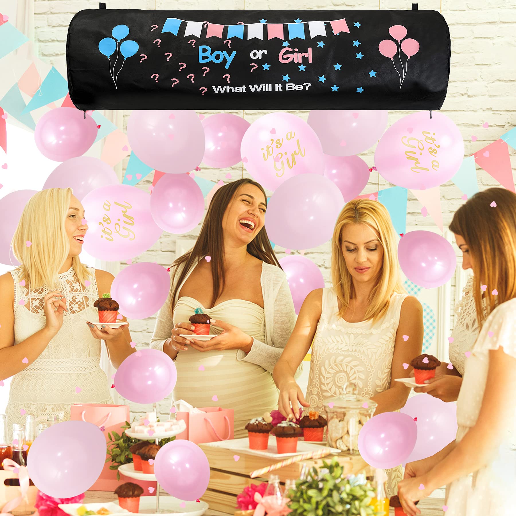 Tenshun Gender Reveal Party Kit - 1 Balloon Drop Bag, 40 Pink & Blue Balloons, Confetti, Air Pump, Ribbons & Hooks for Baby Shower, Gender Announcement Celebration - Perfect for Indoor & Outdoor Parties