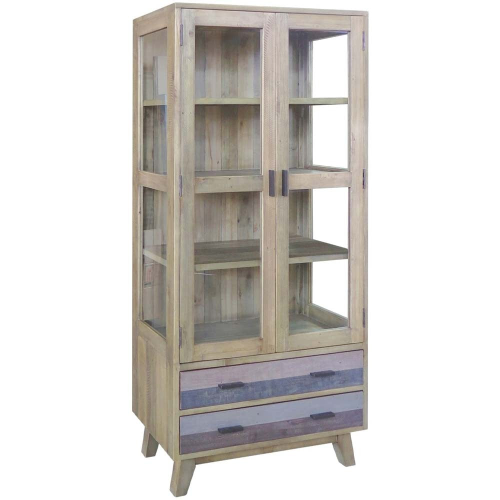 Corso Italy 90cm Mango Wood Modern Grey Cabinet with Glass Doors - Display Shelf for Living Room, Bedroom & Office Storage