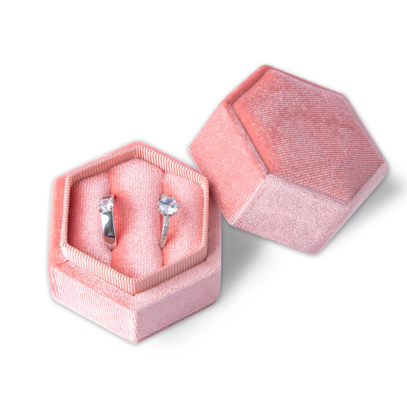 KINBOM Velvet Jewelry Ring Box - Double Fluted Hexagon Engagement Wedding Proposal Ring Holder for 2 Rings, Valentine's Day Gift (Pink) - Perfect for Proposals, Anniversaries & Romantic Surprises