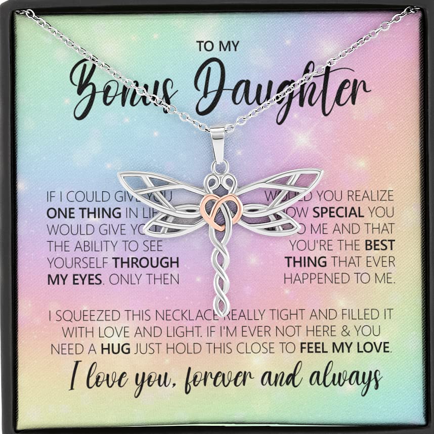 Bonus Daughter Necklace - Adopted Daughter Dragonfly Pendant Gift from Stepmom | Thoughtful Jewelry for Stepdaughters, Unbiological Moms & Blended Families | Perfect for Birthdays, Mother's Day & Special Occasions