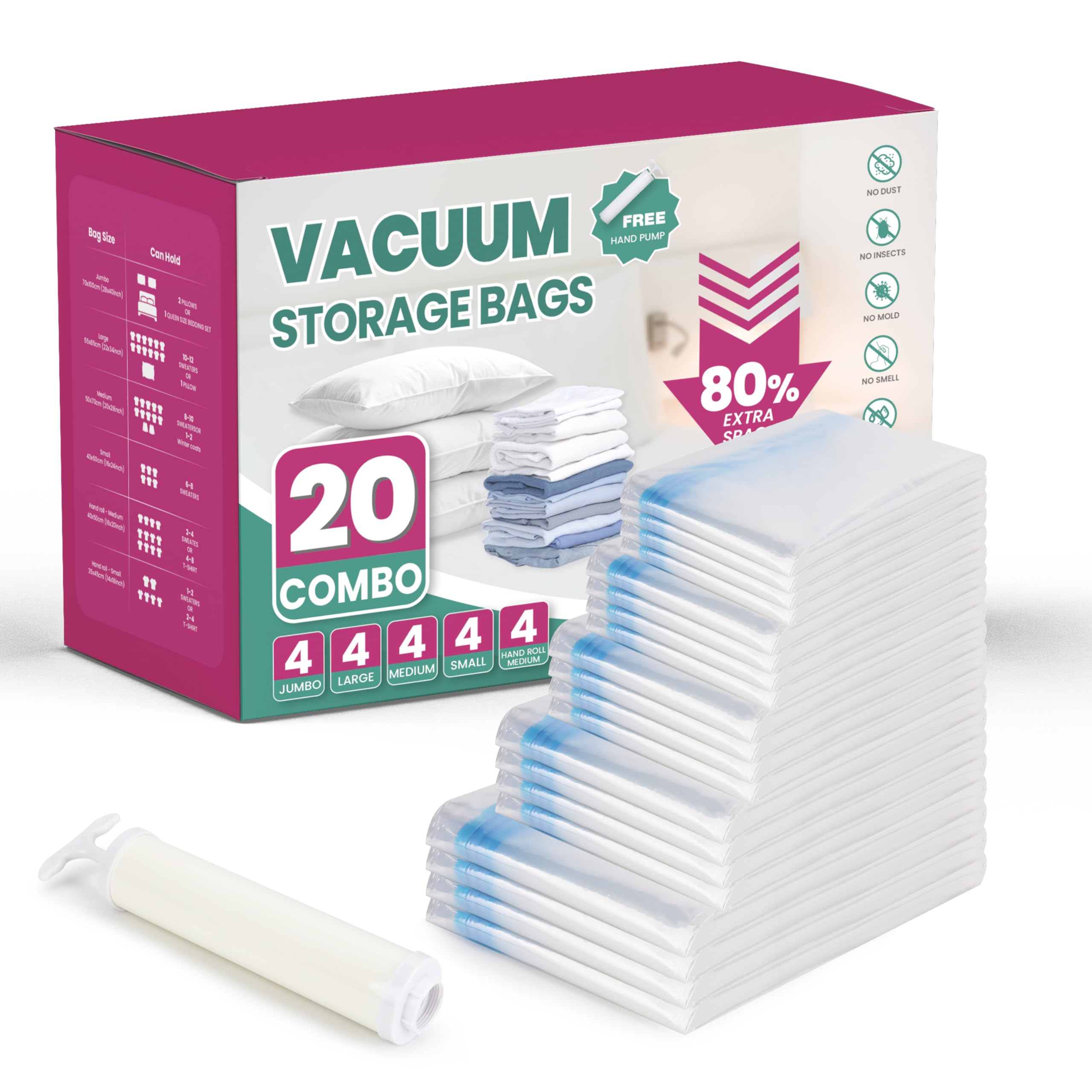 Space Bags Vacuum Storage Bags (20-Pack) - Save 80% Space for Comforters, Blankets & Bedding - Compression Seal Closet Organizer with Travel Pump - Perfect for Seasonal Storage & Moving