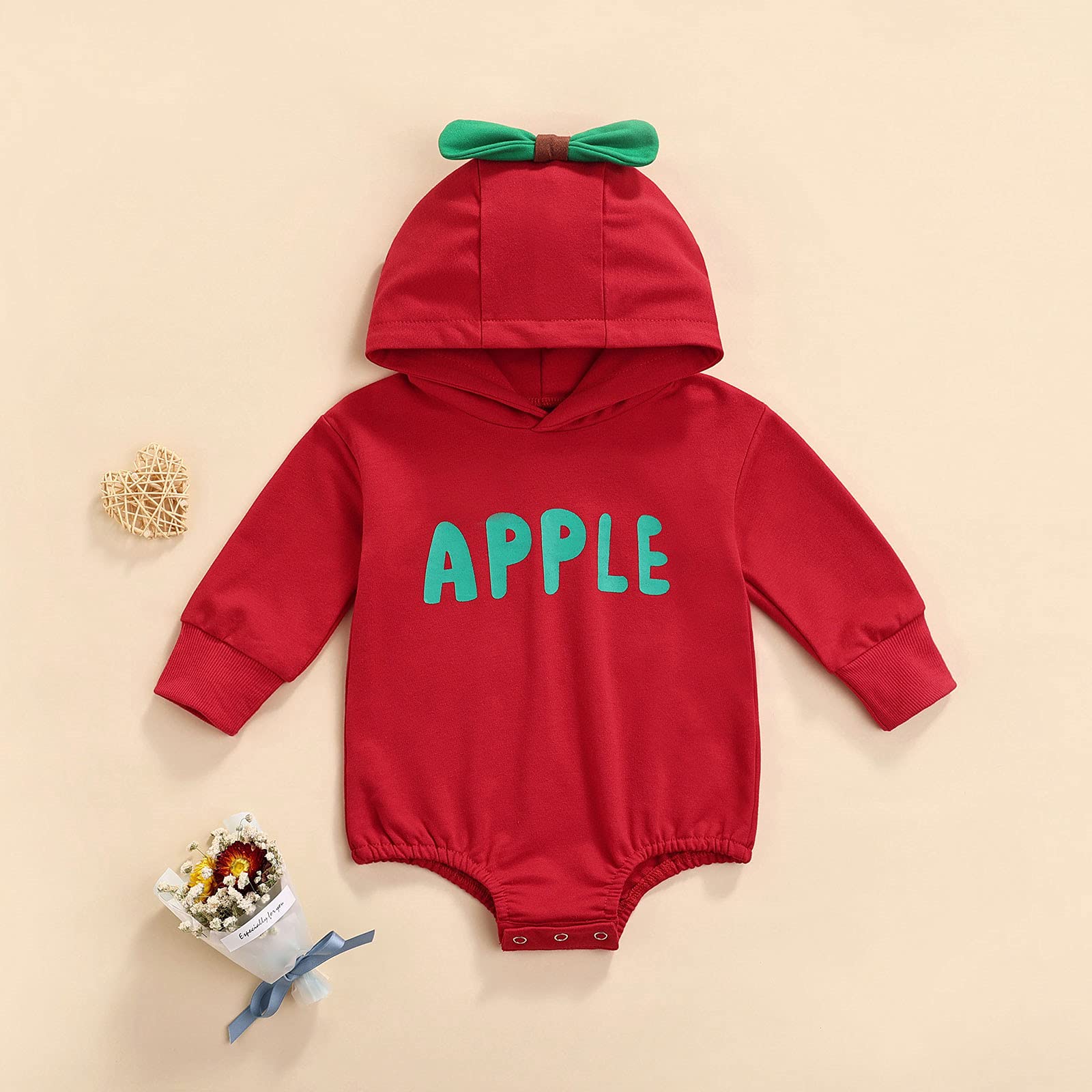 Adorable Baby Girl Jumpsuit - Cute Letter Print Long Sleeve Hooded Romper for Newborns | Fall & Winter Warm Bodysuit with Fruit Design | Perfect for Family Photos, Playdates & Holiday Outfits