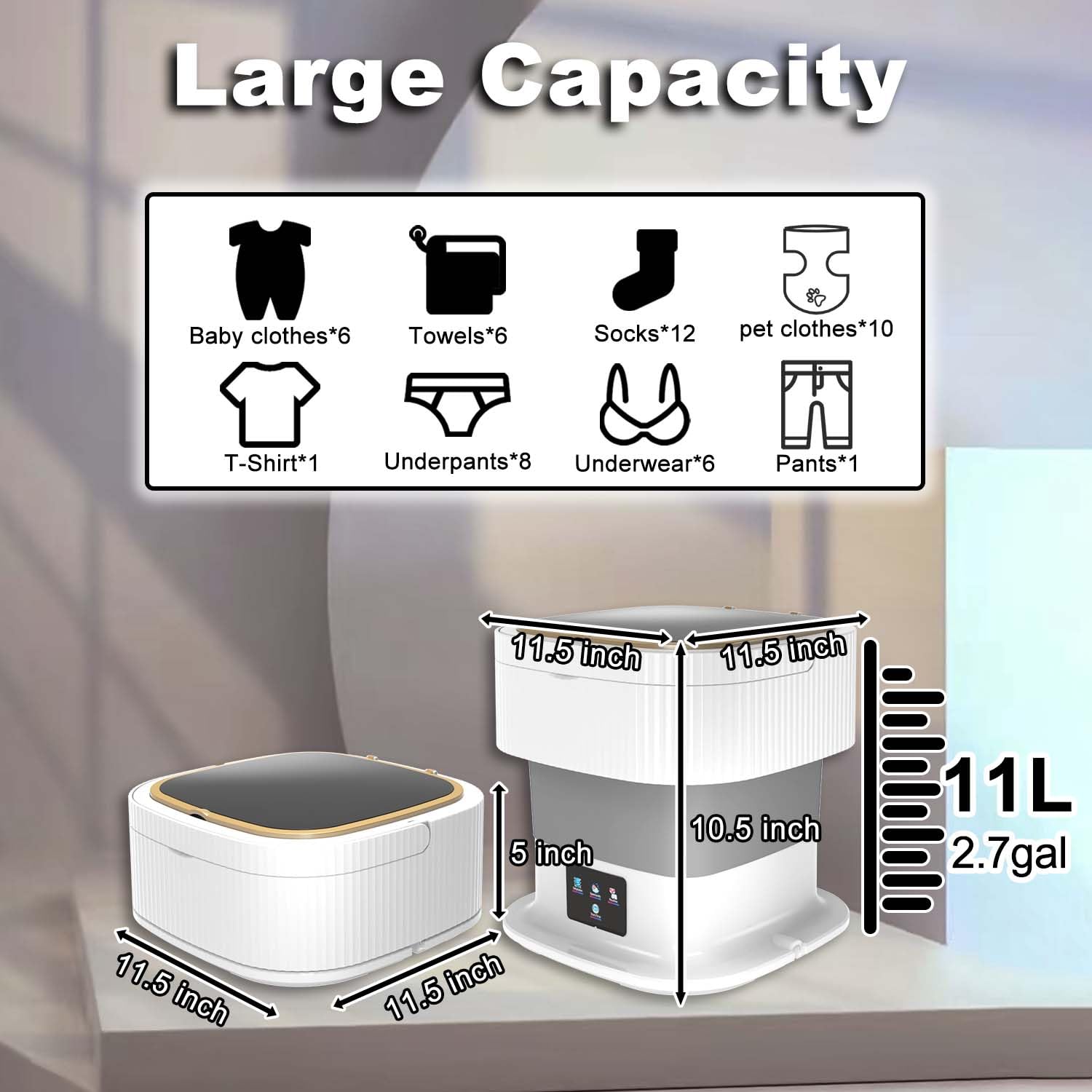 Portable Washing Machine 11L - Compact Mini Washer & Dryer 2 in 1 for Small Laundry, Baby Clothes, Underwear - Foldable Design for Apartments, Dorms, RV & Travel (Grey)