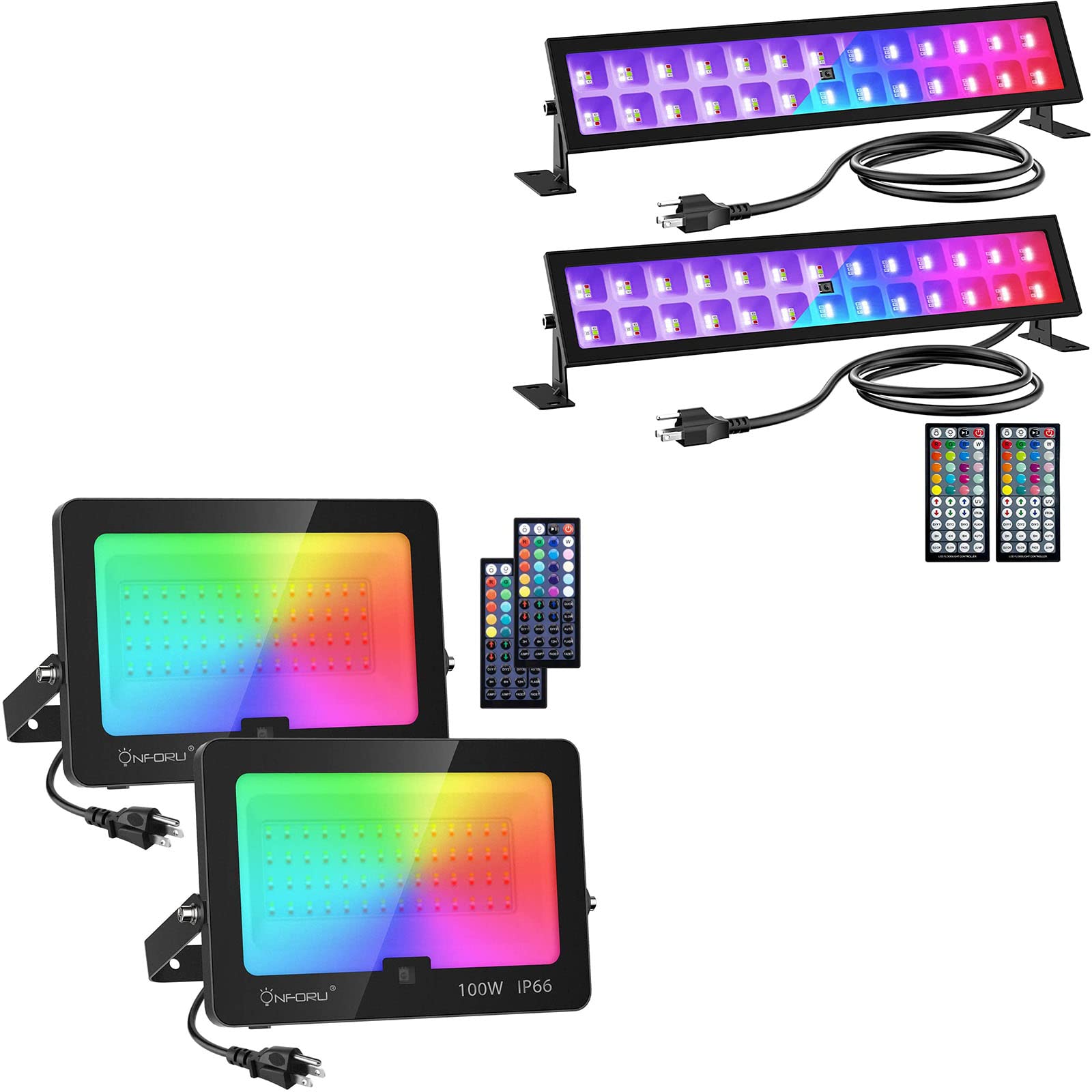 Onforu 48W Black LED Light Bar with RGB Color Changing & 100W Flood Light - Remote Controlled Stage Lighting for Outdoor Parties, Landscape, Glow Events, DJ Shows and Home Decoration