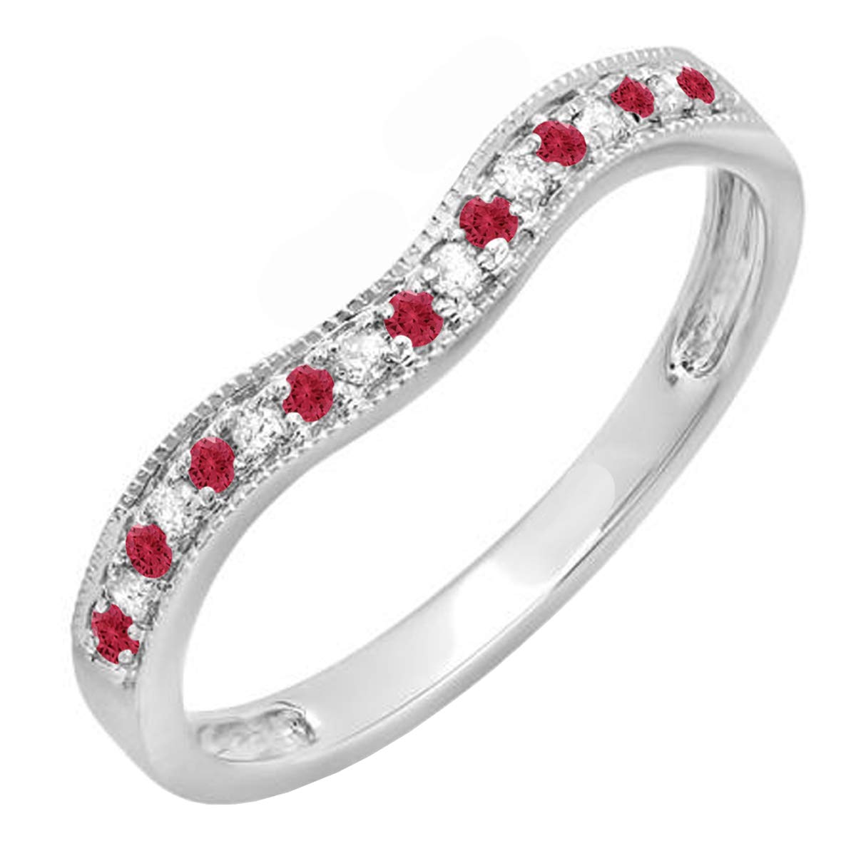 14K Solid Gold Round Ruby & White Diamond Women's Wedding Band Ring - Anniversary Gift, Engagement Ring, Stackable Ring for Special Occasions