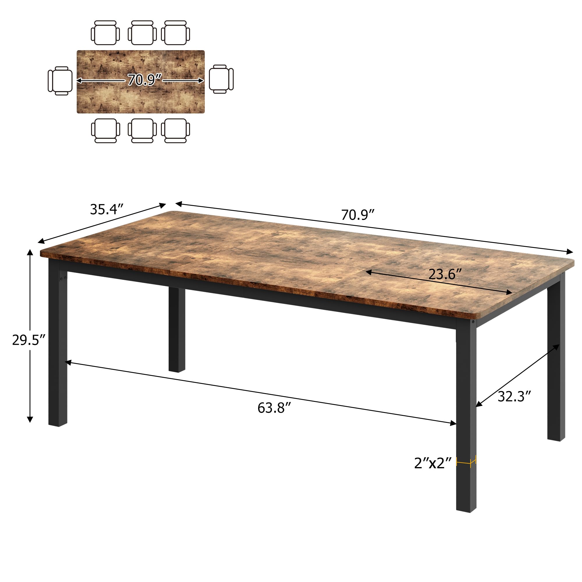 70.8 Inch Solid Wood Industrial Dining Table for 6 People - Rustic Brown Long Farmhouse Kitchen Table with Mortise & Tenon Joints & Sturdy Metal Legs - Perfect for Dining Room, Home Office, Living Room, Restaurant & Cafe Decor