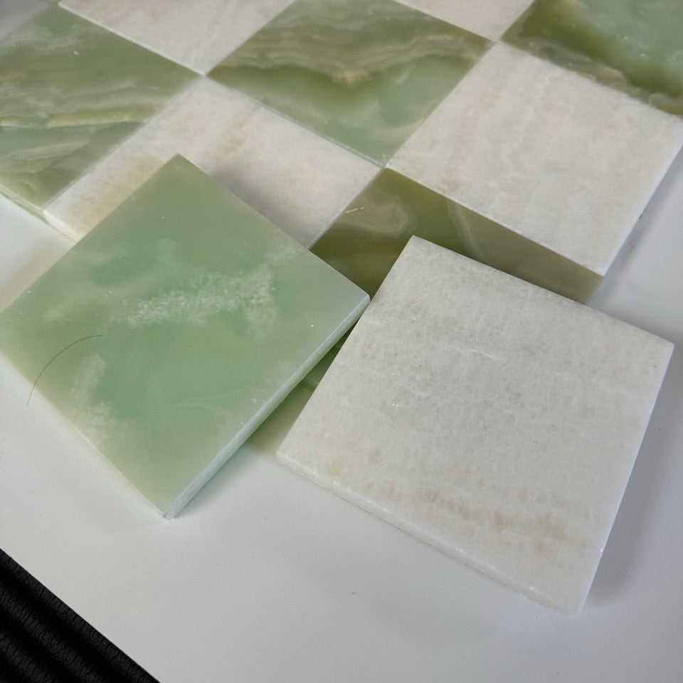 Premium Vanilla Onyx & Green Onyx Checkerboard Tiles - High Gloss Polished Finish for Kitchen Backsplash, Bathroom Walls & Flooring