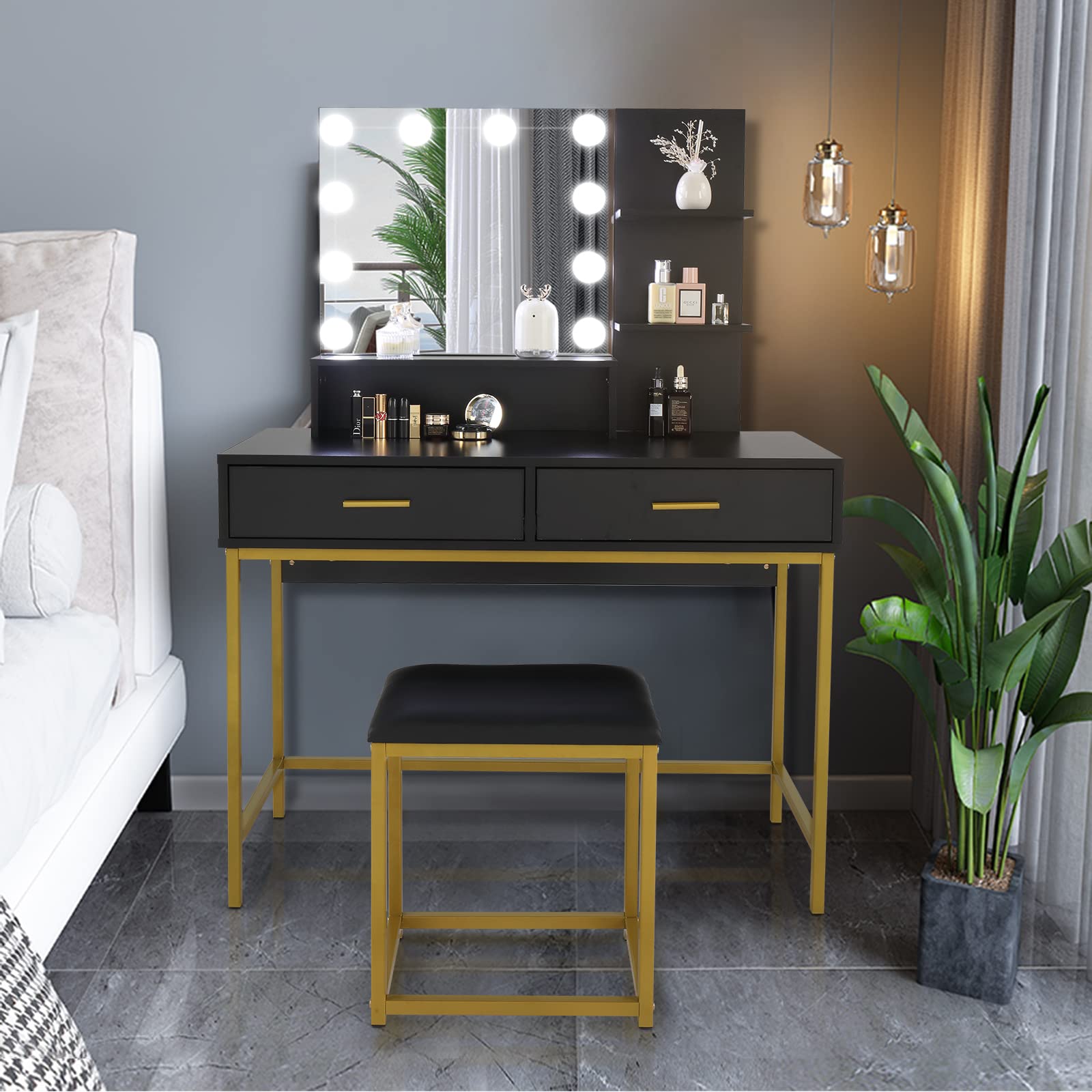 10 LED Light Vanity Set with Adjustable Brightness & 3 Color Modes - Makeup Dressing Table with Cushioned Stool, 3 Shelves & 2 Drawers - Perfect for Women & Girls Bedroom, Dorm Room or Beauty Salon (Black)
