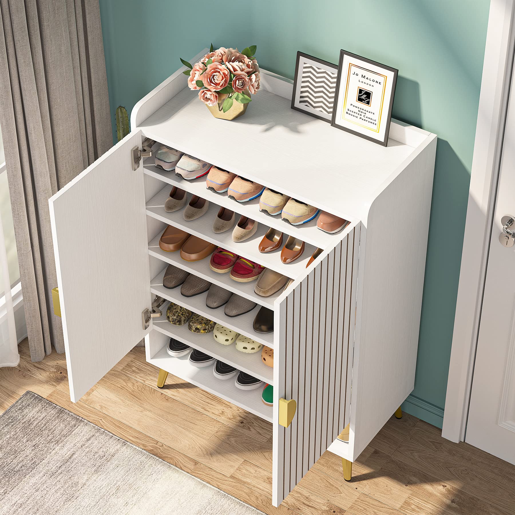 Tribesigns 6-Tier Wooden Shoe Storage Cabinet with Adjustable Shelves & Doors - White & Gold Entryway Organizer for Hallway, Closet, Living Room | Space-Saving Shoe Rack for Small Apartments & Home Decor