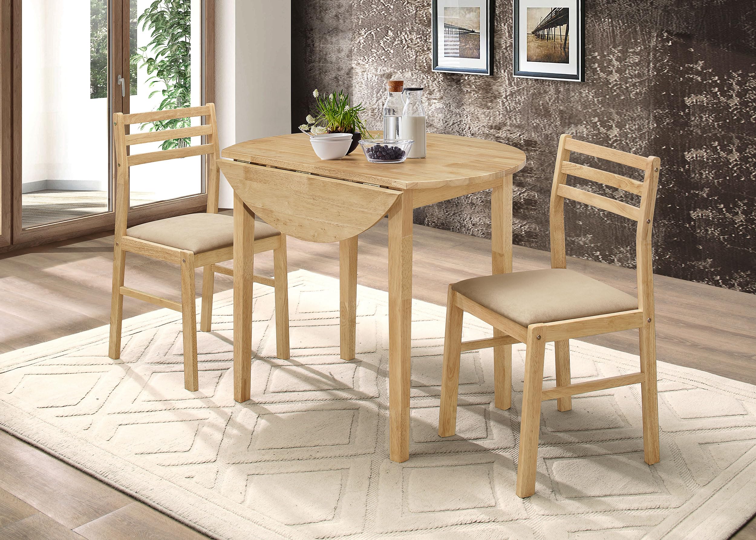 Coaster Home Furnishings 3-Piece Round Wood Dining Set with Drop Leaf Extension Table & Upholstered Ladder Back Chairs - Beige/Natural (130006) | Perfect for Small Spaces, Breakfast Nooks & Cozy Dining Areas