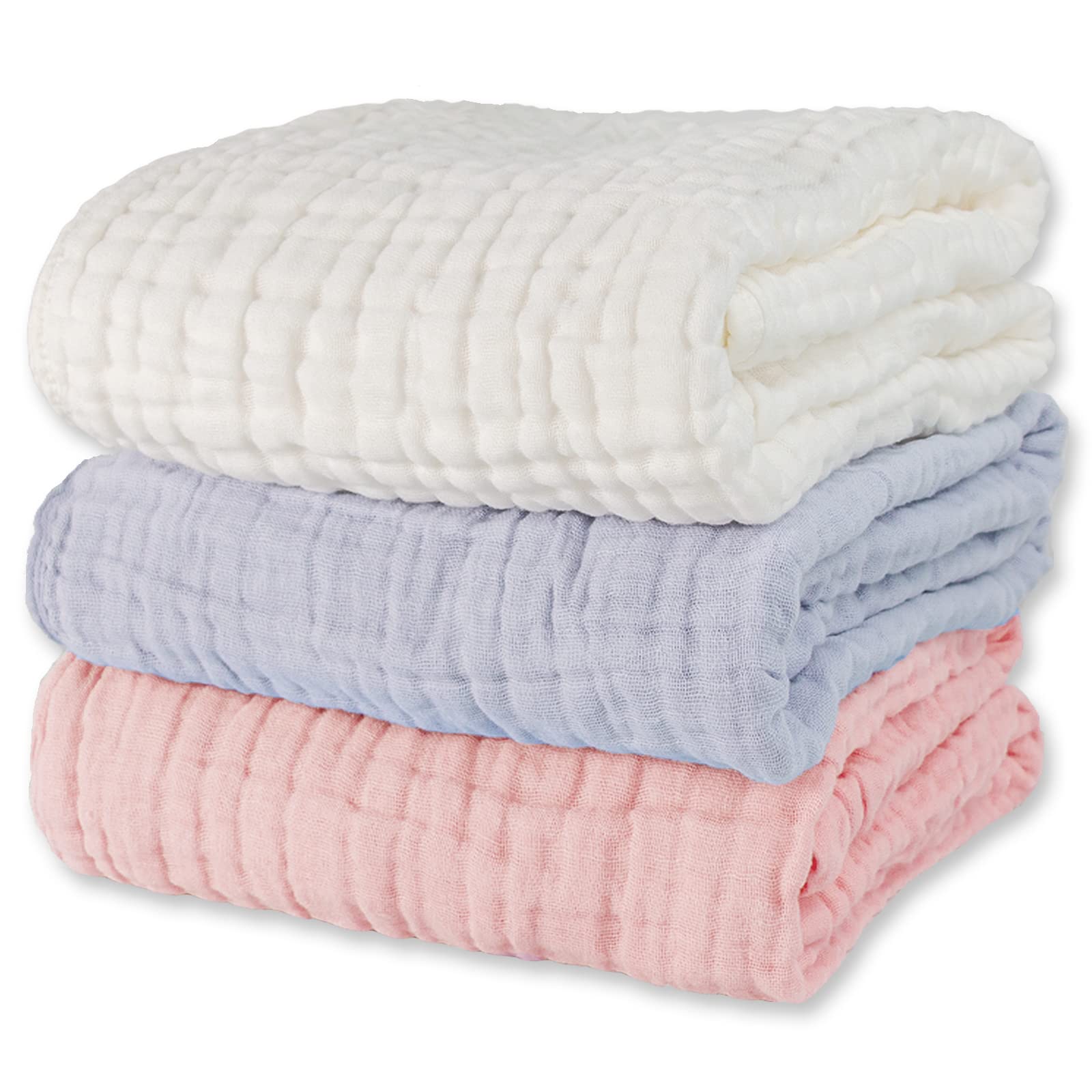 WinReal 3-Pack Muslin Baby Bath Towels - Ultra Soft, Absorbent 6-Layer Natural Cotton Infant Towels (40x40 inches) for Newborn, Toddler - White, Pink & Grey - Perfect for Bath Time, Swaddling & Nursery Essentials