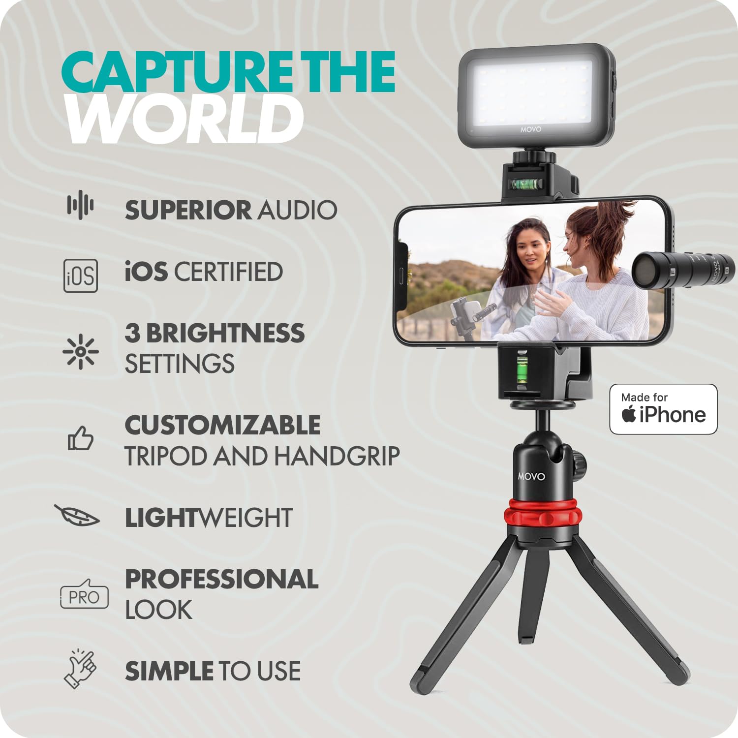 Movo iVlog iPhone Vlogging Kit with Dual Microphones, Adjustable Phone Mount, Compact Tripod & LED Light - Perfect for YouTube Creators, TikTok Videos, Podcasting & Live Streaming