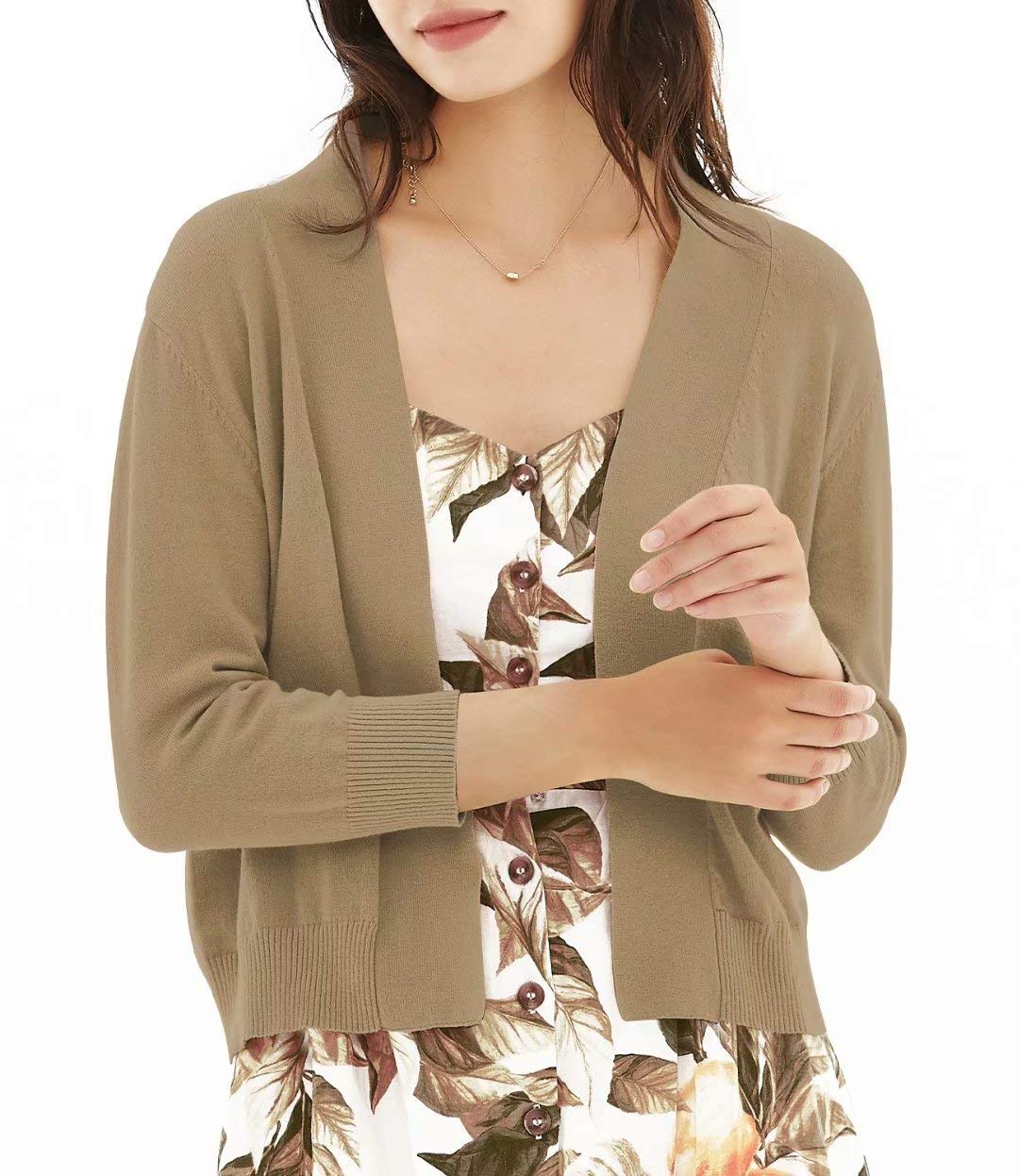 QUALFORT Women's 3/4 Sleeve Cropped Cardigan Sweater - Open Front Knit Short Bolero Shrug for Spring/Summer - Perfect for Office, Date Night & Casual Outfits