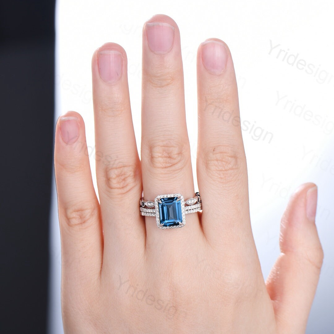 14K White Gold London Blue Topaz Emerald Cut Engagement Ring with Halo Diamonds - Art Deco Bridal Wedding Ring Set for Women, Perfect for Proposals, Anniversaries & Special Occasions
