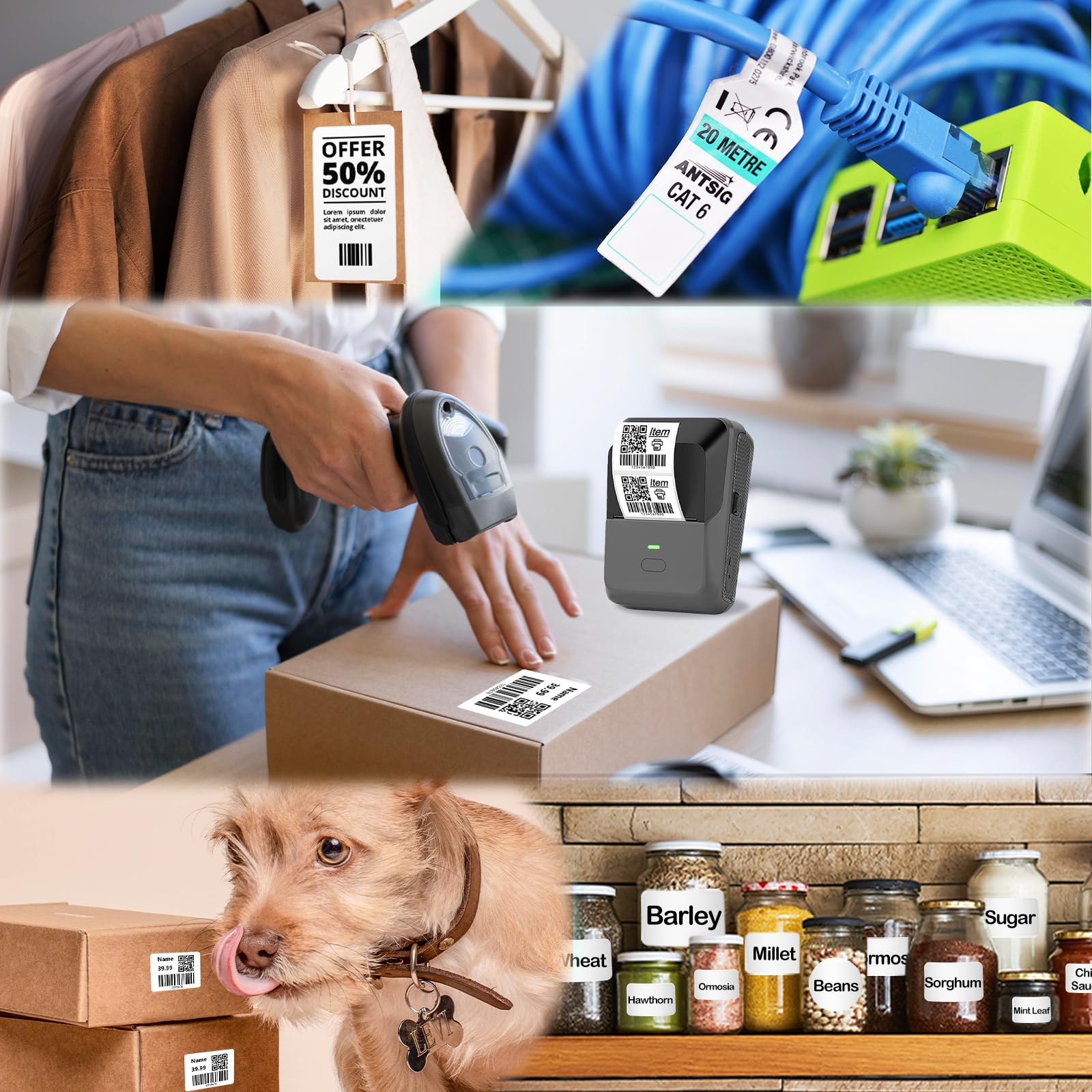 Portable Bluetooth Label Maker for Small Business - Auto Scan Thermal Barcode Printer with 50x30mm Tape & 300 Labels (Gray) - Ideal for Shipping, Office, Home & Inventory Organization
