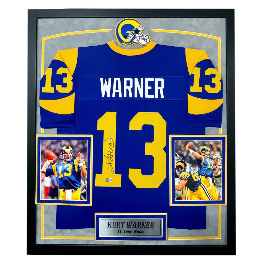 Kurt Warner Autographed St. Louis Rams Jersey - Framed BAS Certified Signed Memorabilia - Perfect for Sports Fans, Collectors & Man Cave Decor