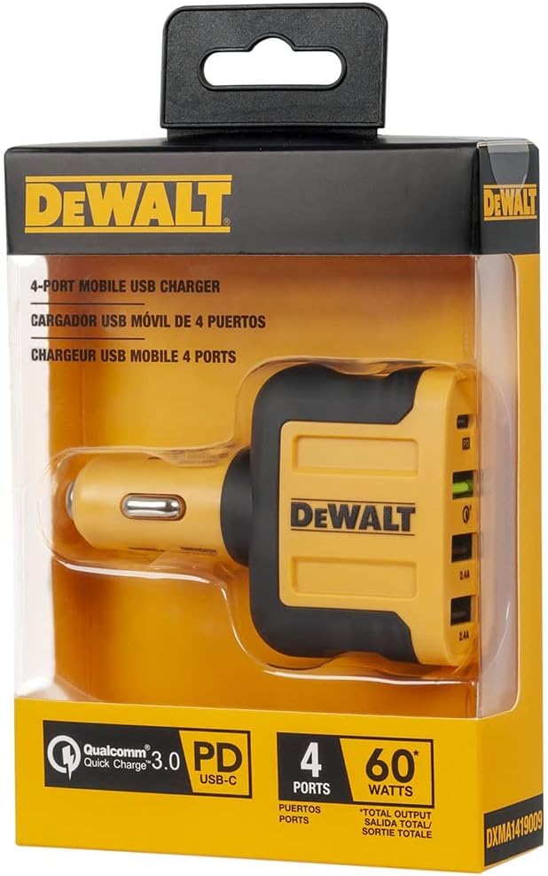 DEWALT 60W 4-Port USB C Car Charger with PD Fast Charging - Compatible with iPhone 16/15, Samsung Galaxy, iPad & More - Perfect for Road Trips, Commuting & Multi-Device Charging in Vehicles