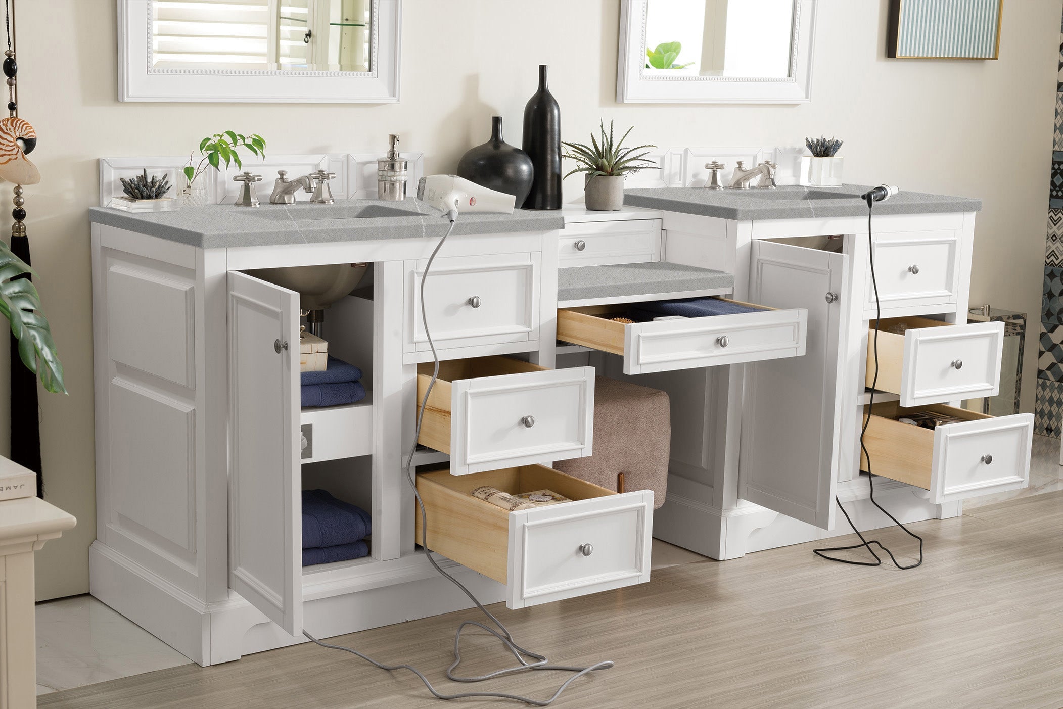 De Soto 94 Inch Double Vanity Set with Makeup Table - Bright White Bathroom Vanity with 3CM Eternal Serena Quartz Countertop for Master Bathroom & Dressing Room