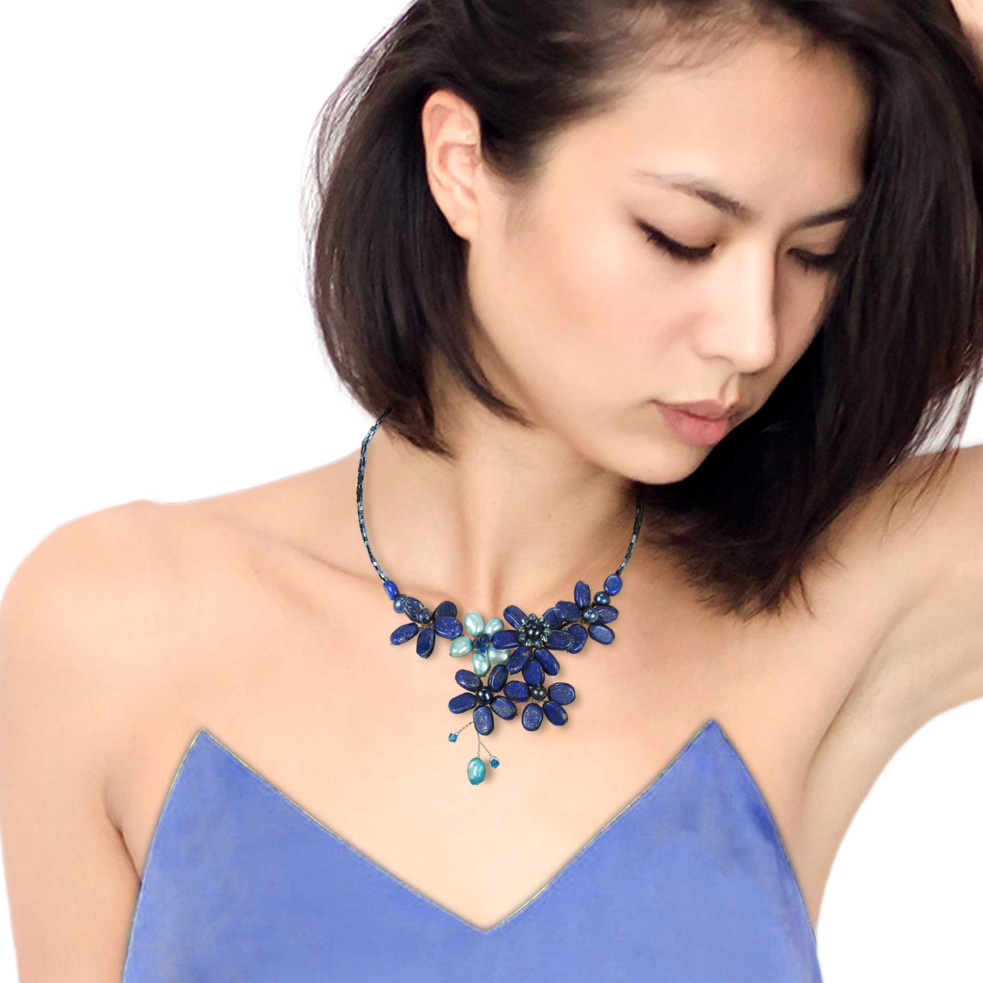 AeraVida Floral Lace Pearl Necklace - Blue Lapis Lazuli Crystal Choker for Women | Anniversary Gift Jewelry for Special Occasions