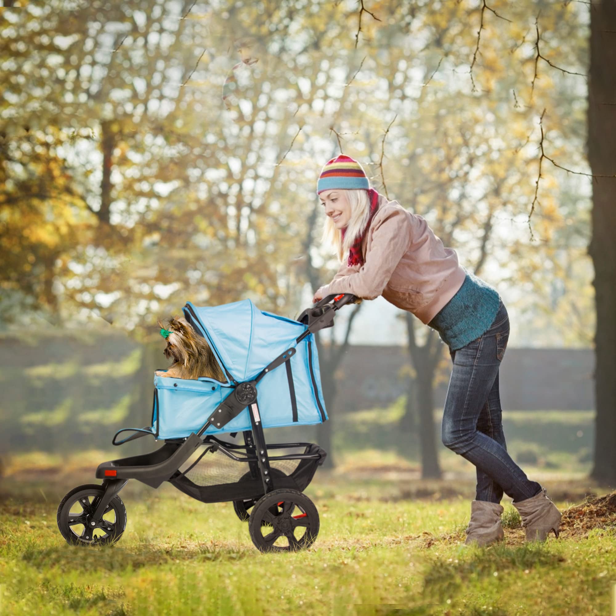 3-Wheel Foldable Pet Stroller for Small & Medium Dogs & Cats - Lightweight Jogger Stroller with Storage Basket & Waterproof Design - Perfect for Outdoor Walks, Park Visits & Travel (Blue)