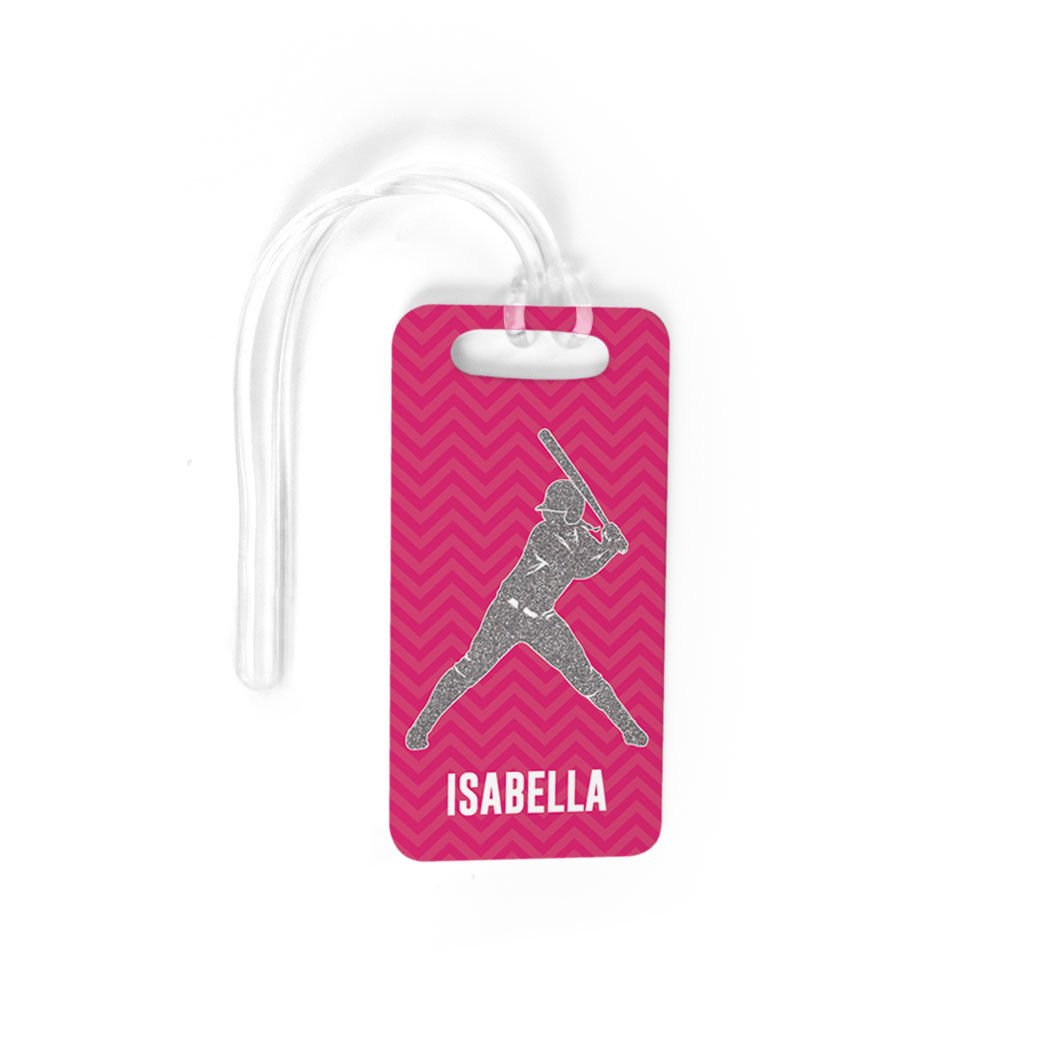 Personalized Softball Luggage Tag - Faux Glitter Chevron Pattern Bag Tag with Standard Lines | Small Size in Hot Pink | Perfect for Softball Teams, Travel & Sports Gear Identification