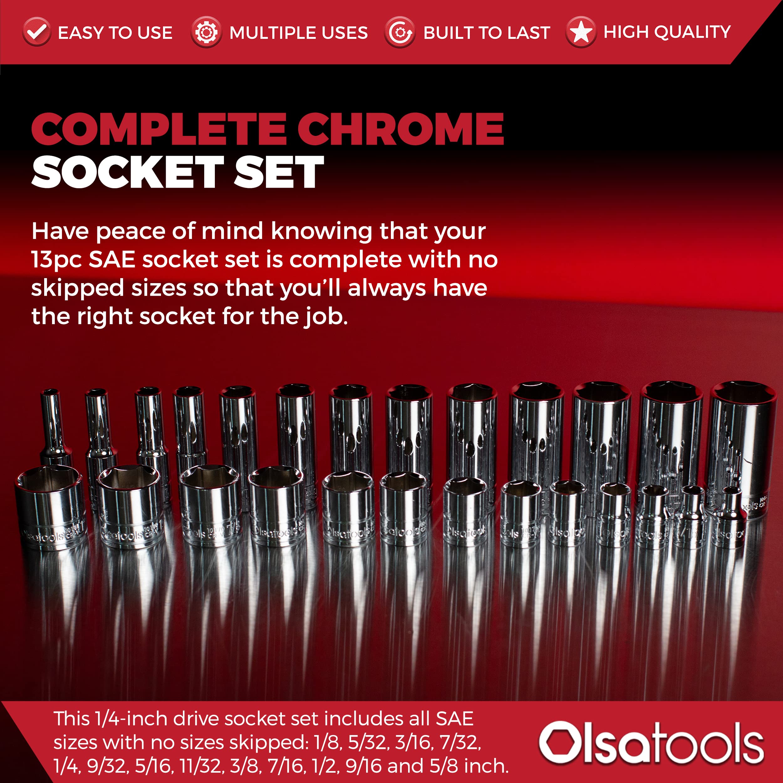 Olsa Tools 13-Piece SAE Socket Set - 1/4-Inch Drive 6-Point Deep Sockets (1/8