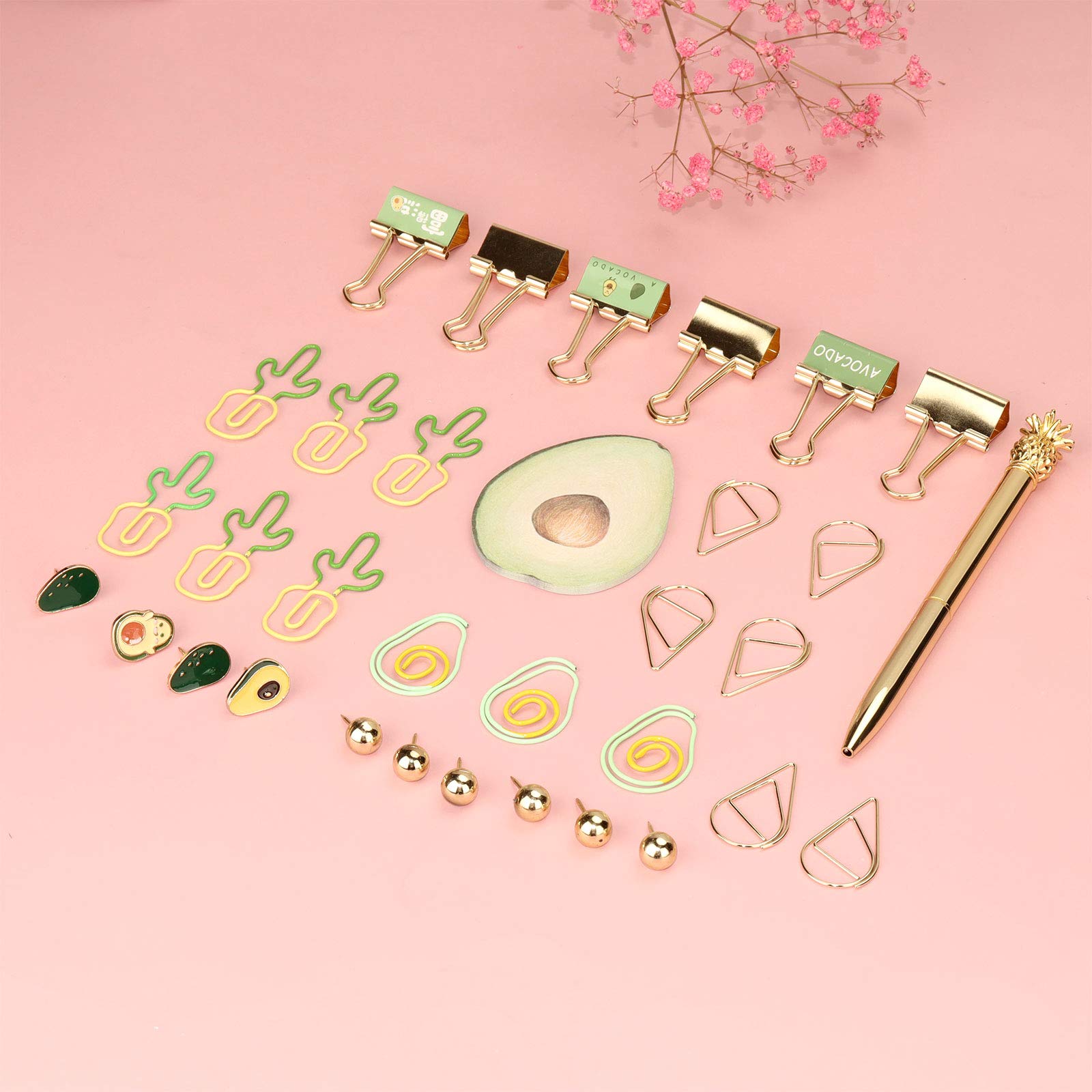 Cute Avocado Office Supplies Set - 33 Pcs Gold & Green Stationery Kit with Paper Clips, Binder Clips, Push Pins, Sticky Notes & Ballpoint Pen for Home, School & Office Organization