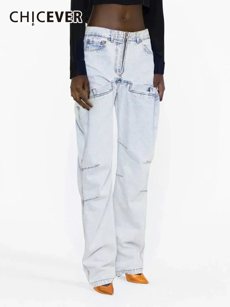 CHICEVER Women's High Waist Loose Fit Denim Pants - Minimalist Patchwork Pockets, Casual Solid Color Jeans for Summer | Perfect for Everyday Wear, Office Outfits & Weekend Street Style