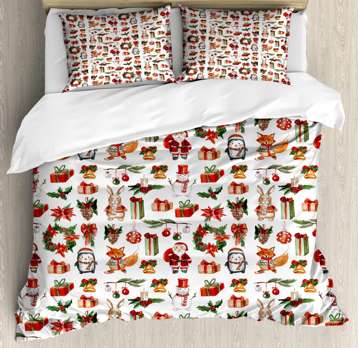 Ambesonne Christmas Duvet Cover Set - Traditional Holiday Rabbits Santa Claus Pine Cones Candles Design - 2 Duvet Covers & 4 Pillowcases - 2 Pack California King Size - Red Green Orange - Perfect for Holiday Bedroom Decor & Festive Gift Giving