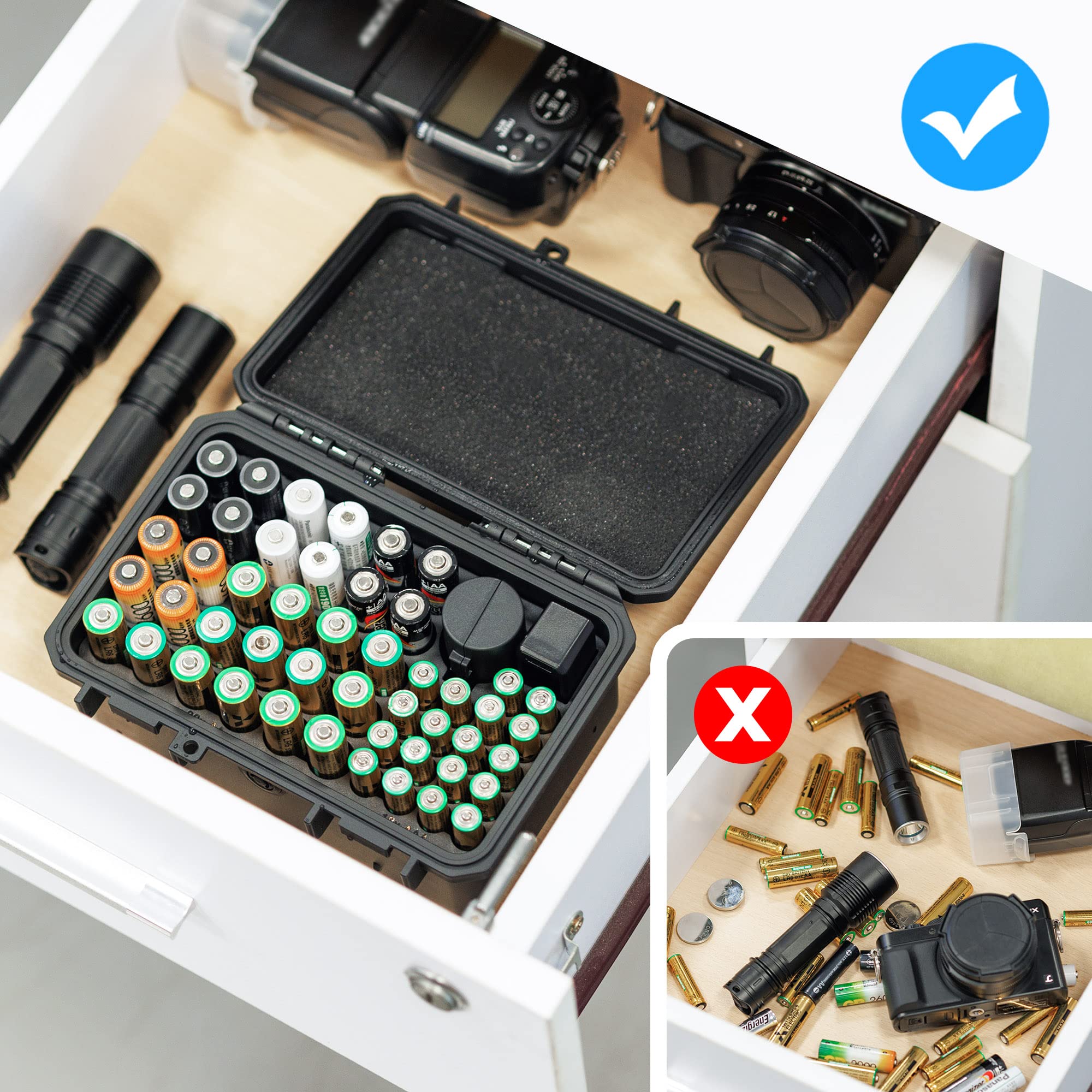 KIWIFOTOS 58 Slots AA AAA Battery Organizer Case with Built-in Tester - IP67 Waterproof Battery Storage Container with Button Battery Box - Perfect for Household, Camping, Emergency Kits & Outdoor Gear Organization