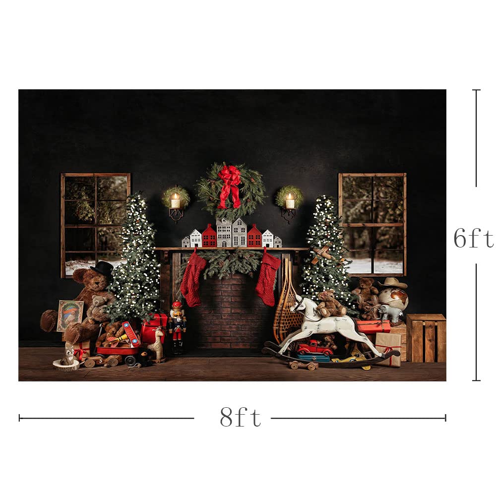 MEHOFOND 8x6ft Christmas Photography Backdrop - Holiday Tree with Fireplace, Wreath & Stocking Design - Winter Xmas Birthday Party Decor - Black Background for Portrait & Family Photos - Perfect for Holiday Cards, Social Media & Home Decor