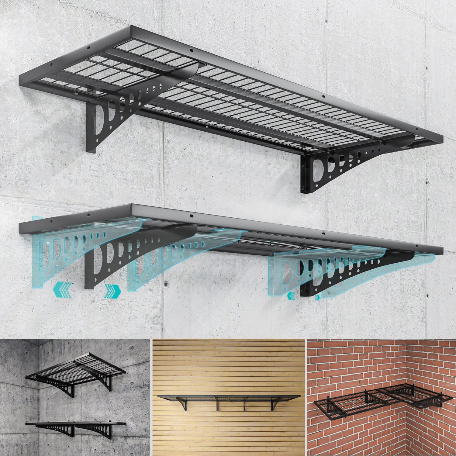 Heavy Duty Wall Mounted Garage Storage Shelves - 2 Pack 1.5x3.8ft Black Metal Shelving Units, 500 lbs Capacity Adjustable Floating Wall System - Perfect for Garage Organization, Workshop Storage & Home Utility Shelving