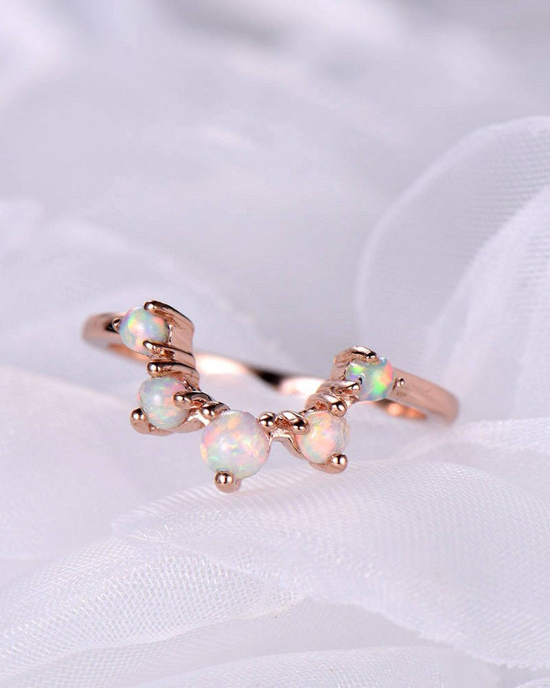 Art Deco 14K Rose Gold Opal Wedding Band - Stackable Curved Bridal Ring Set, Promise Ring for Women, Anniversary Gift for Her - Perfect for Engagement, Wedding, Stacking & Special Occasions